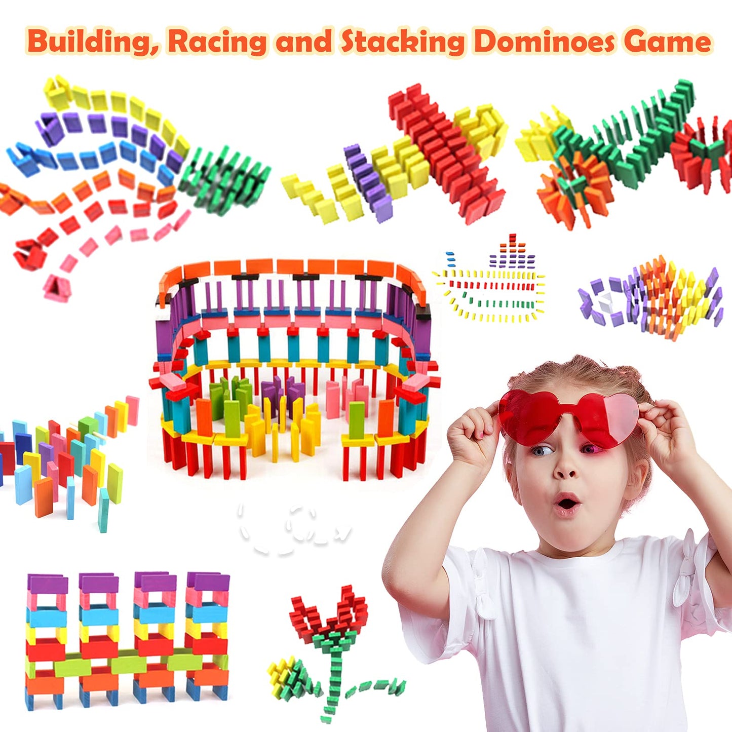 WOOD CITY 1000 Piece Dominoes Set for Kids with Extra 20 Blocks, Colorful Dominos Tiles for Building, Stacking, Racing, Tumbling, Wood Domino with Storage Bag and Box, Educational Toy