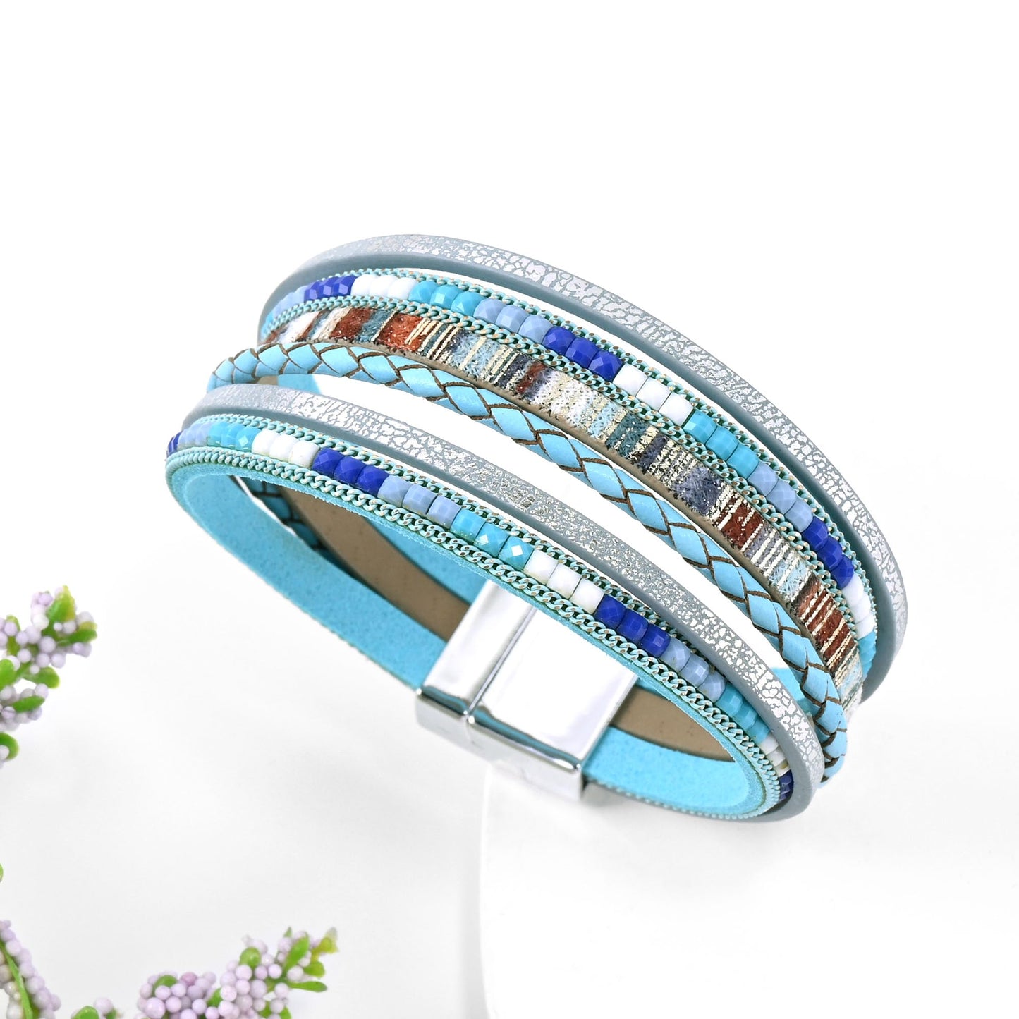 VIBILIA Boho Leather Wrap Bracelets for Women Trendy Layered Multi-Layer Bracelets with Strong Clasp Jewelry for Women-Blue