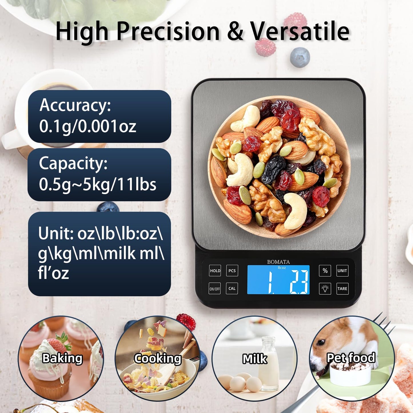BOMATA Large Kitchen Scale with 0.1g/0.001oz High Precision, 5kg/11lb Bakery Scale with% Percentage Function, USB Rechargeable, Full-View Angle LCD with Backlight, Stainless Steel Pan