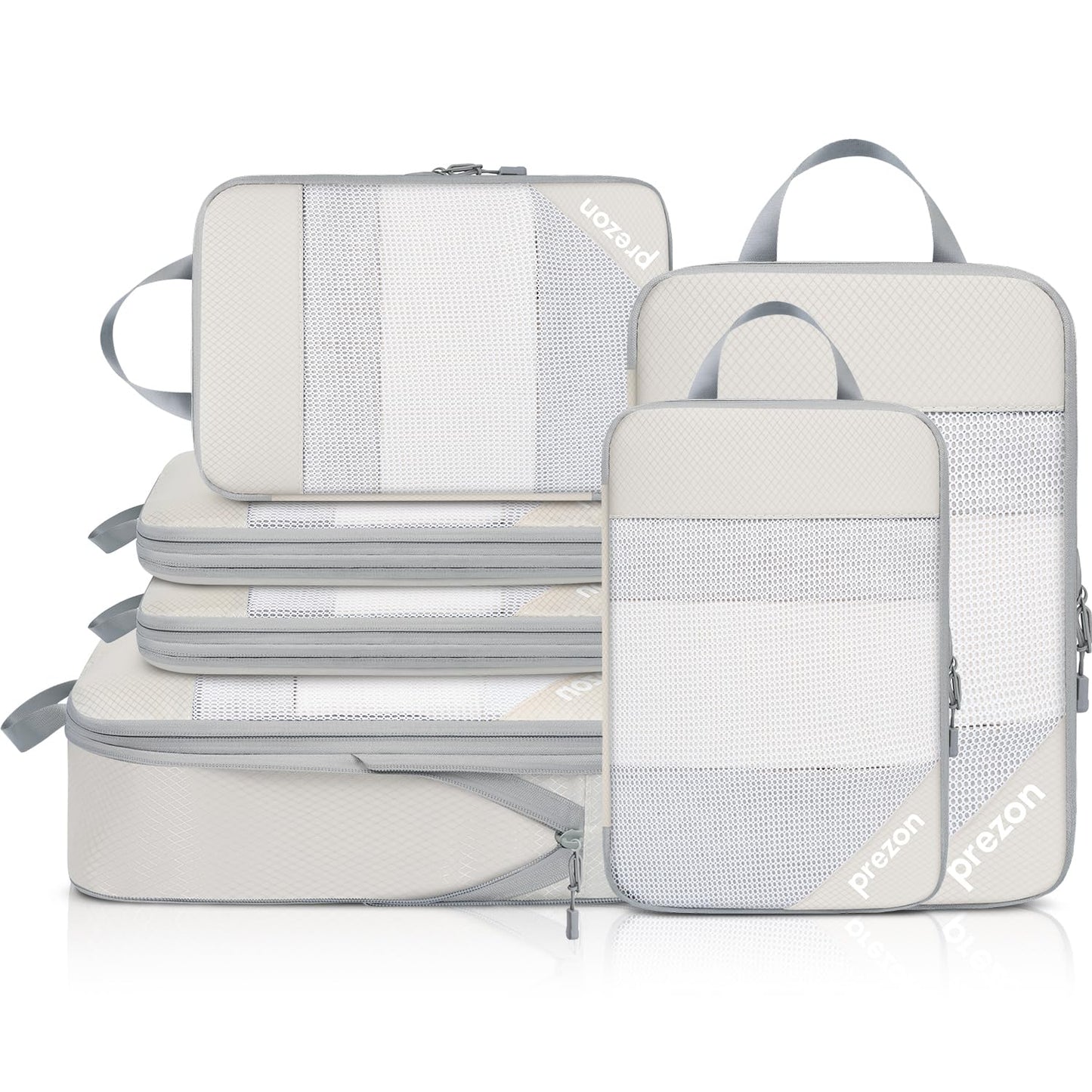 Prezon Compression Packing Cubes for Travel, Lightweight Vacation Travel Essentials, Travel Accessories for Suitcase Organizer Bags Set, Durable Luggage Organizer, 6 set, half mesh, Beige