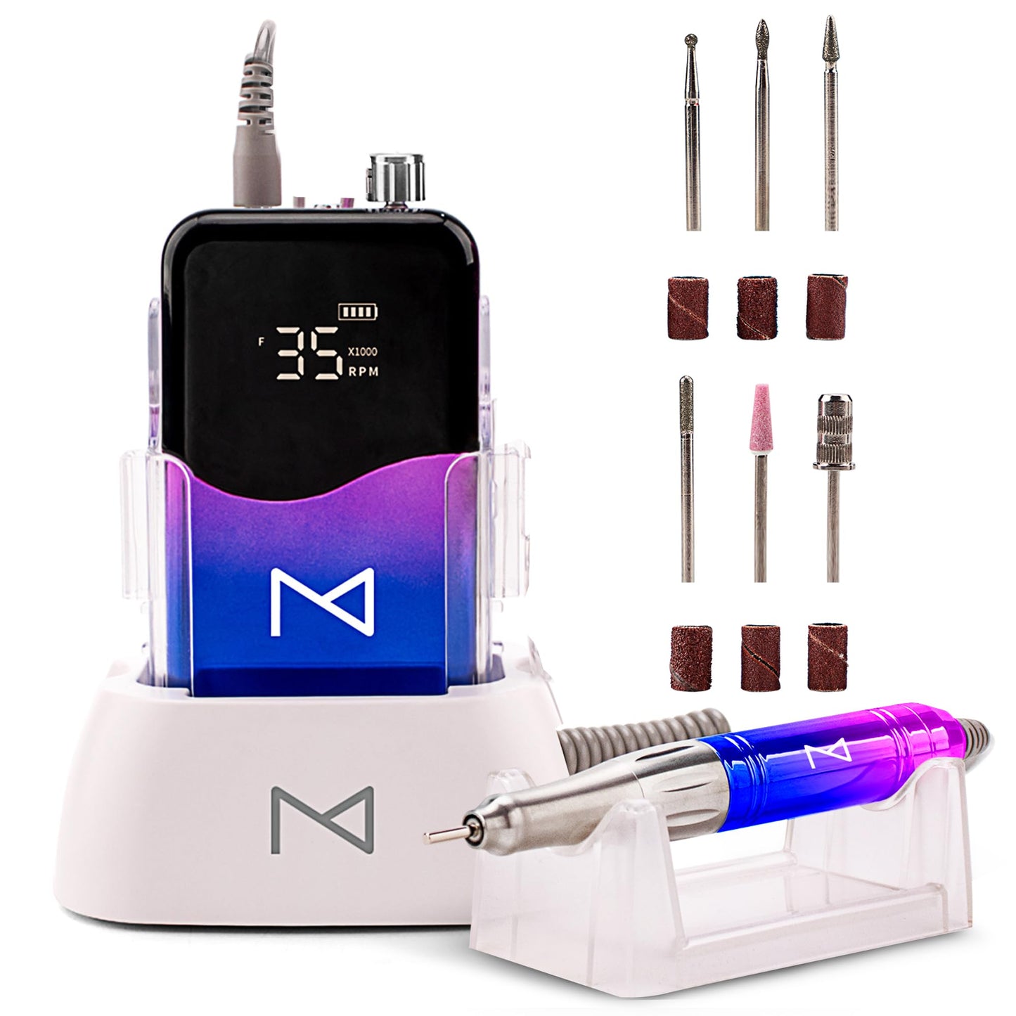 M Mase- Professional Nail Drill Machine - Coreless 2-in-1 Nail File - Electric, Cordless, 35000 RPM, HD Display - Electric Nail Drill for Professional & Home Use (Unicorn Pink Blue)