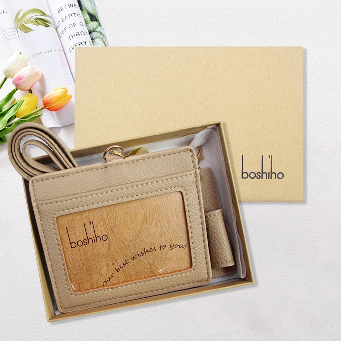 Office Badge Holder - Boshiho Genuine Leather Credit ID Card Holder with Stretch Neck Lanyard and Pen Clip, Gift Box (Horizontal-Light Brown)
