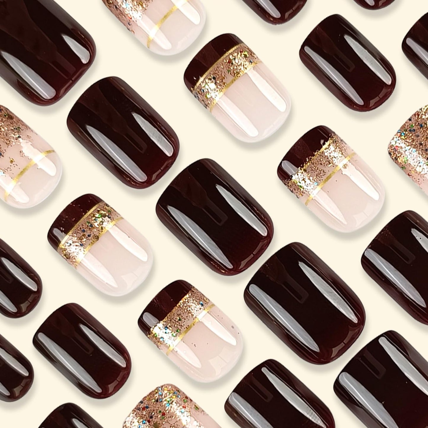 Fall Press-on Square Short French Tip Brown False Nails with Golden Glitter Designs - Glossy Glue-on Artificial Stick-on Nails for Women - 24 Pcs