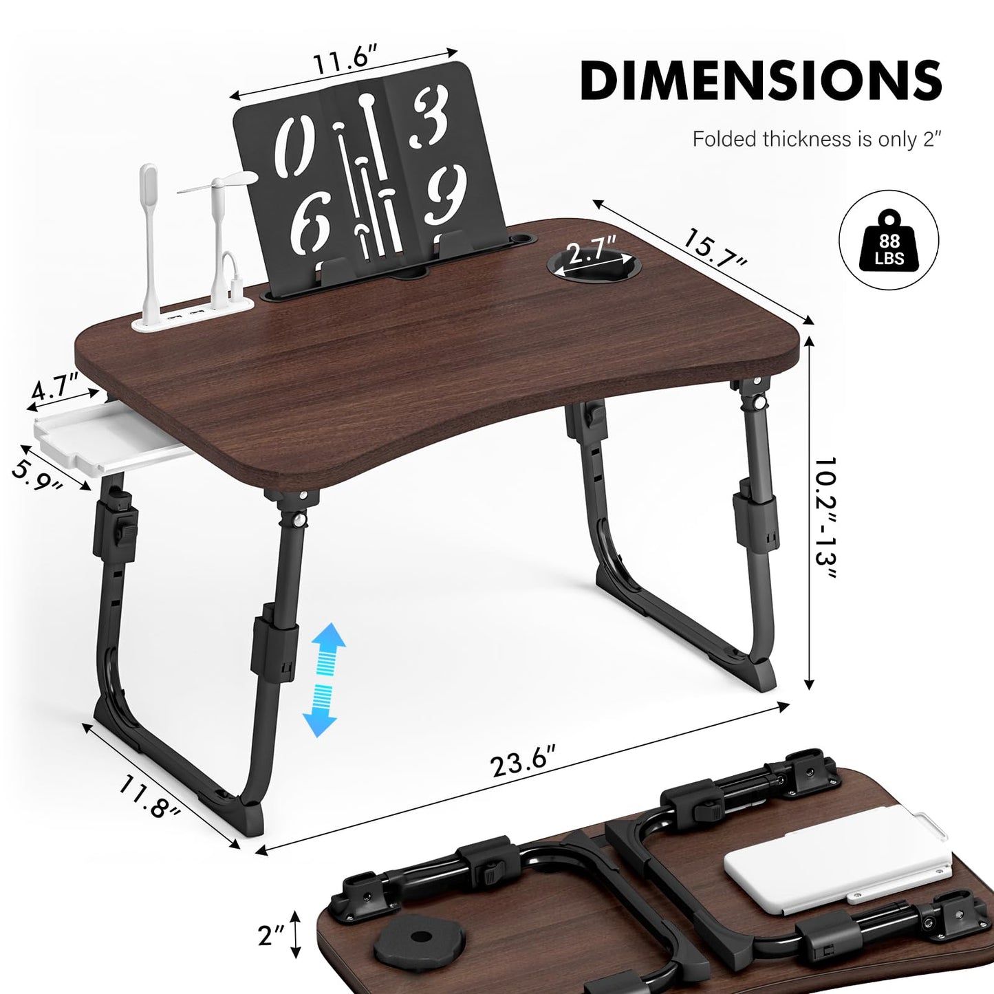 Lap Desk for Bed Adjustable Height, Foldable Bed Table with Storage Drawer, Tablet Slot & Cup Holder, Portable Laptop Stand for Bed & Sofa, Bed Desk for Adults & Kids, Walnut