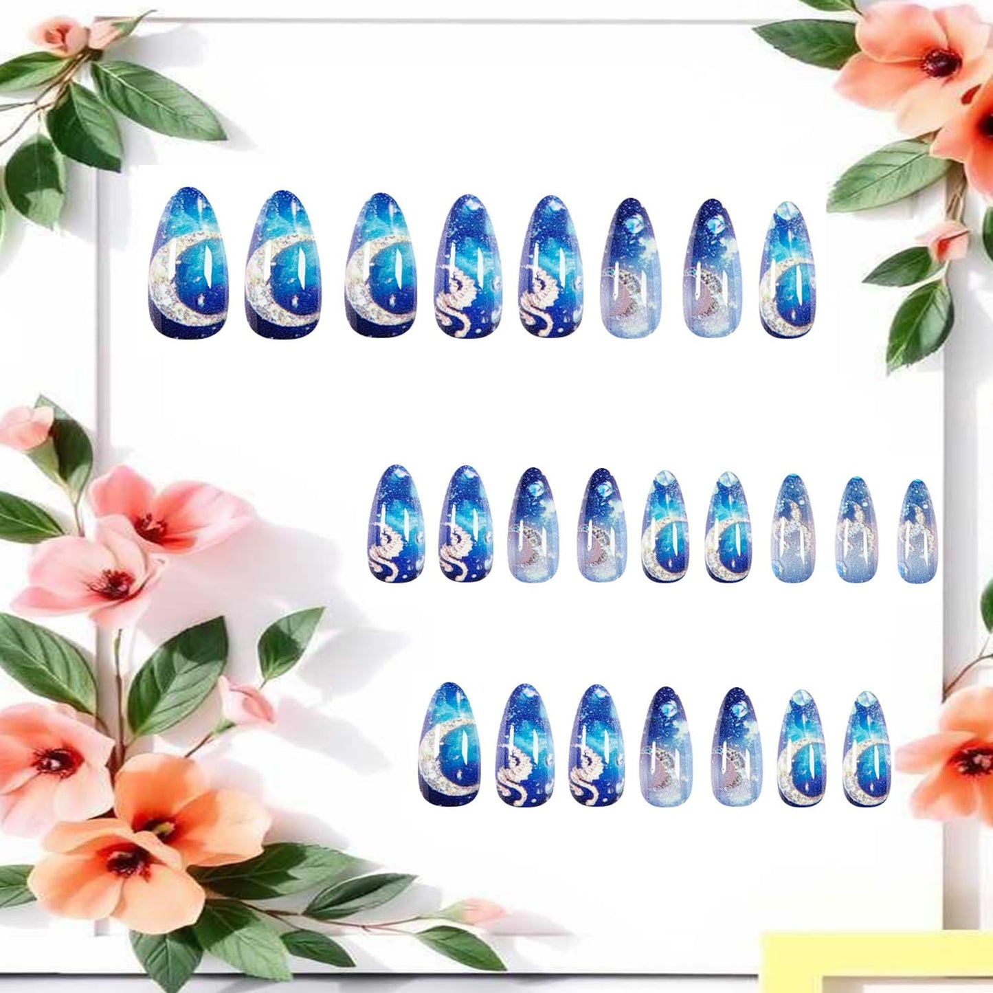 Dark Blue Starry Sky Press on Nails Almond Meduim Moon Planet Pattern Design Full Cover Glossy Acrylic Fake Nail Press Ons Artificial Handmade False Nail Reusable Glue on Nails for Women 24Pcs