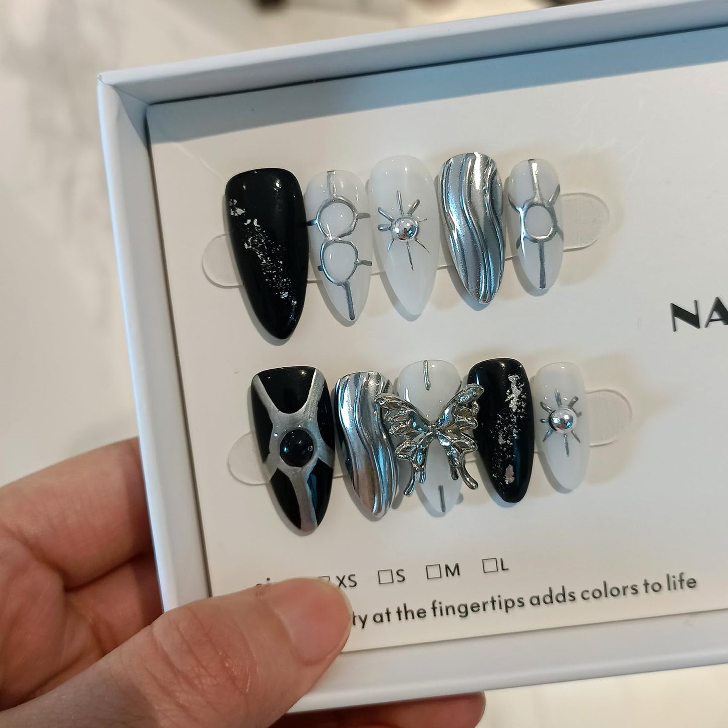 TENPAL Metallic Press on Nails Medium Almond,Punk Goth Fake Nails with 3D Butterfly,Glitter Y2K Metallic Geometric False Nails with Hand-Painted Waves,Soft Gel Black Silver Chrome Nails(M,Black)