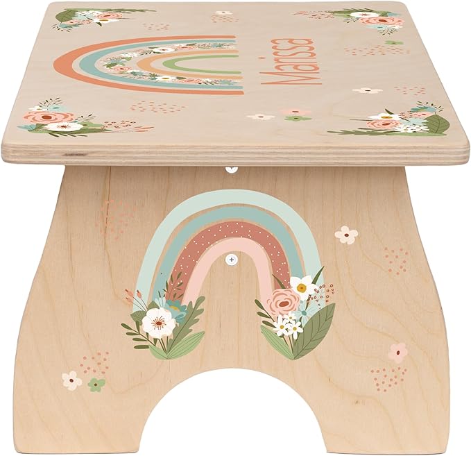 Step Stool for Toddlers- Personalized Wood Kids Step Stool with Name for Kitchen Sink, Bathroom, Potty Training, Toilet, Kitchen Sink- Sturdy and Safe- Made in USA by BloomOwl (Rainbow- Floral)