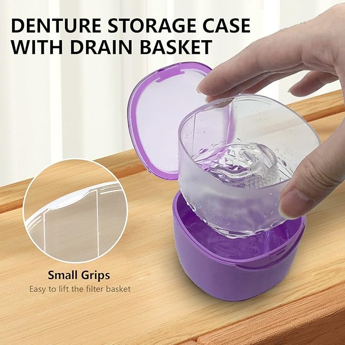 Purple Denture Cup Denture Bath Box Case with Lid Leakproof, Denture Holder Case Retainer Cleaning Container Mouth Guard Cleaner Case for Household, Travel, Office