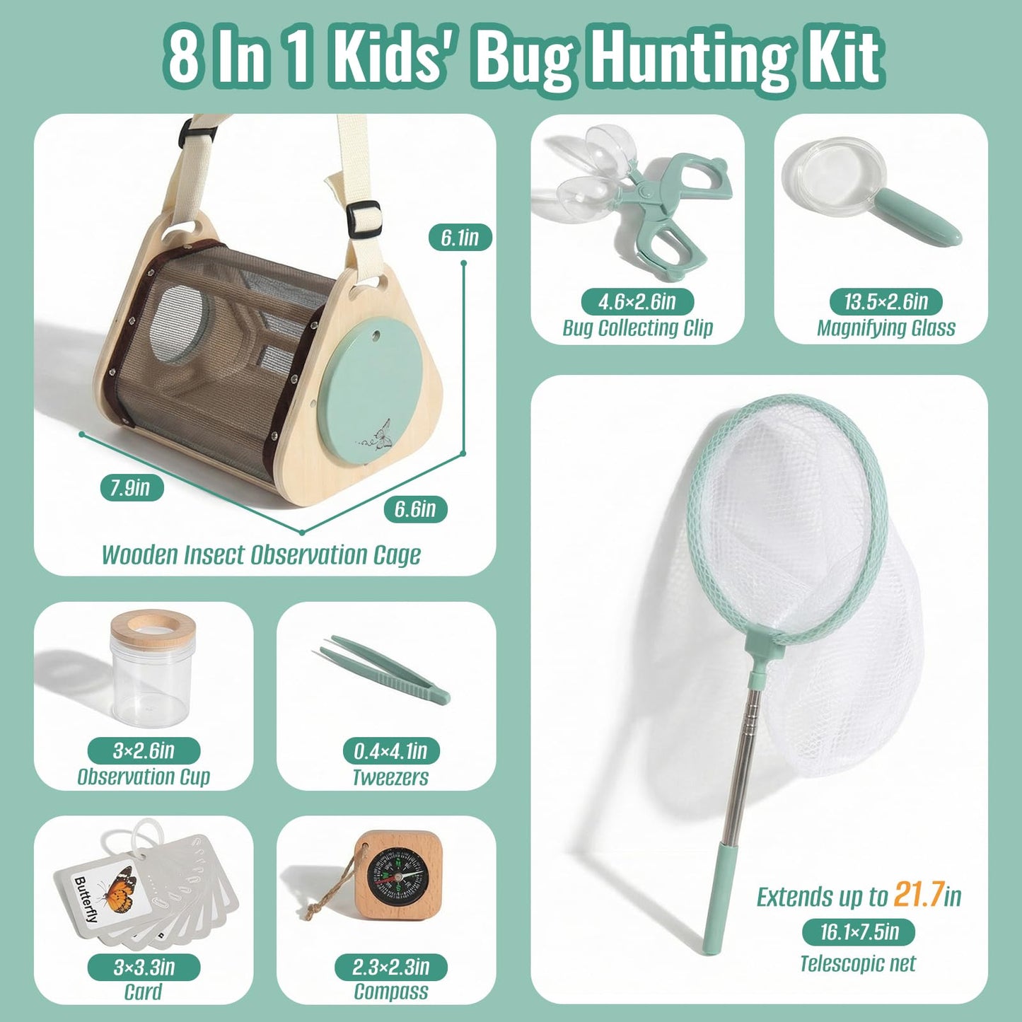 Wooden Bug Catcher Kit for Kids 3-8, 8 PCS Outdoor Explorer Kit with Bug Collector Toy Bugs Card Butterfly Net Magnifying Glass Insect Catcher Tweezers, Bug Catching Kit for Backyard & Camping
