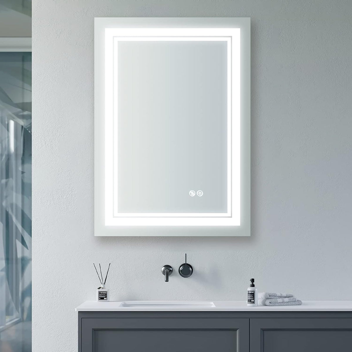 WELLFOR LED Bathroom Vanity Mirror 24 x 32 Inch, Lighted Anti-Fog Dimmable Mirror, IP44 Waterproof Wall Mounted Makeup Mirror, Packed with US Standard Plug and Touch Switch, (Horizontal/Vertical)