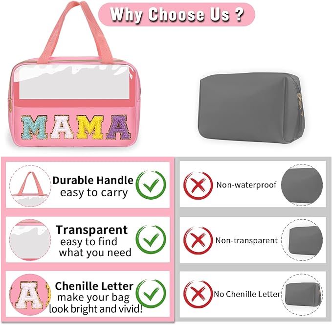 Chenille Letter Clear Makeup Bags Mama Tote, Preppy Patch Makeup Bag Zipper with Handle, Waterproof PVC & Nylon Portable Glitter Large Cosmetic Travel Toiletry Storage Bag for Women Girls(MAMA-Pink)