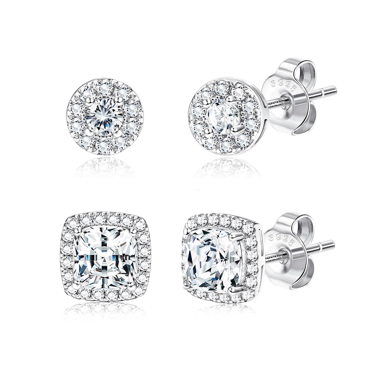 Hayoso Cubic Zirconia Stud Earrings for Women Men Sterling Silver Earring Post Hypoallergenic 14k Gold Plated Round&Square Earrings Silver2