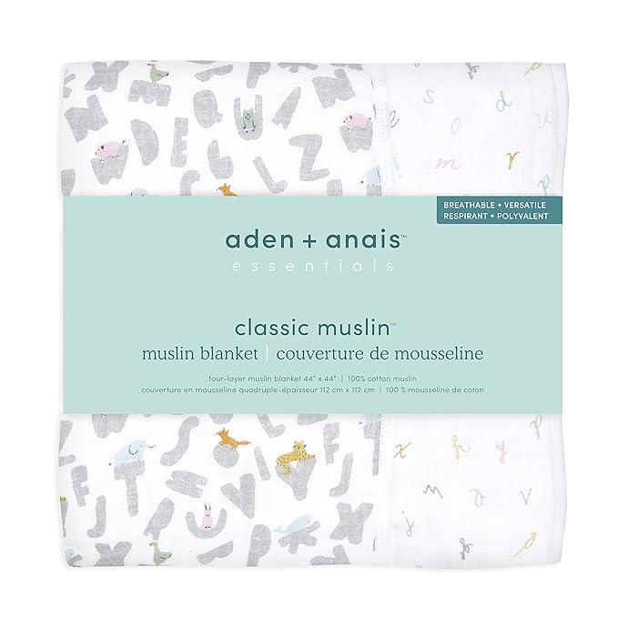 aden + anais Essentials Dream Blanket, Muslin Baby Blankets for Girls & Boys, Ideal Lightweight Newborn Nursery & Crib Blanket, Alphabet Animals