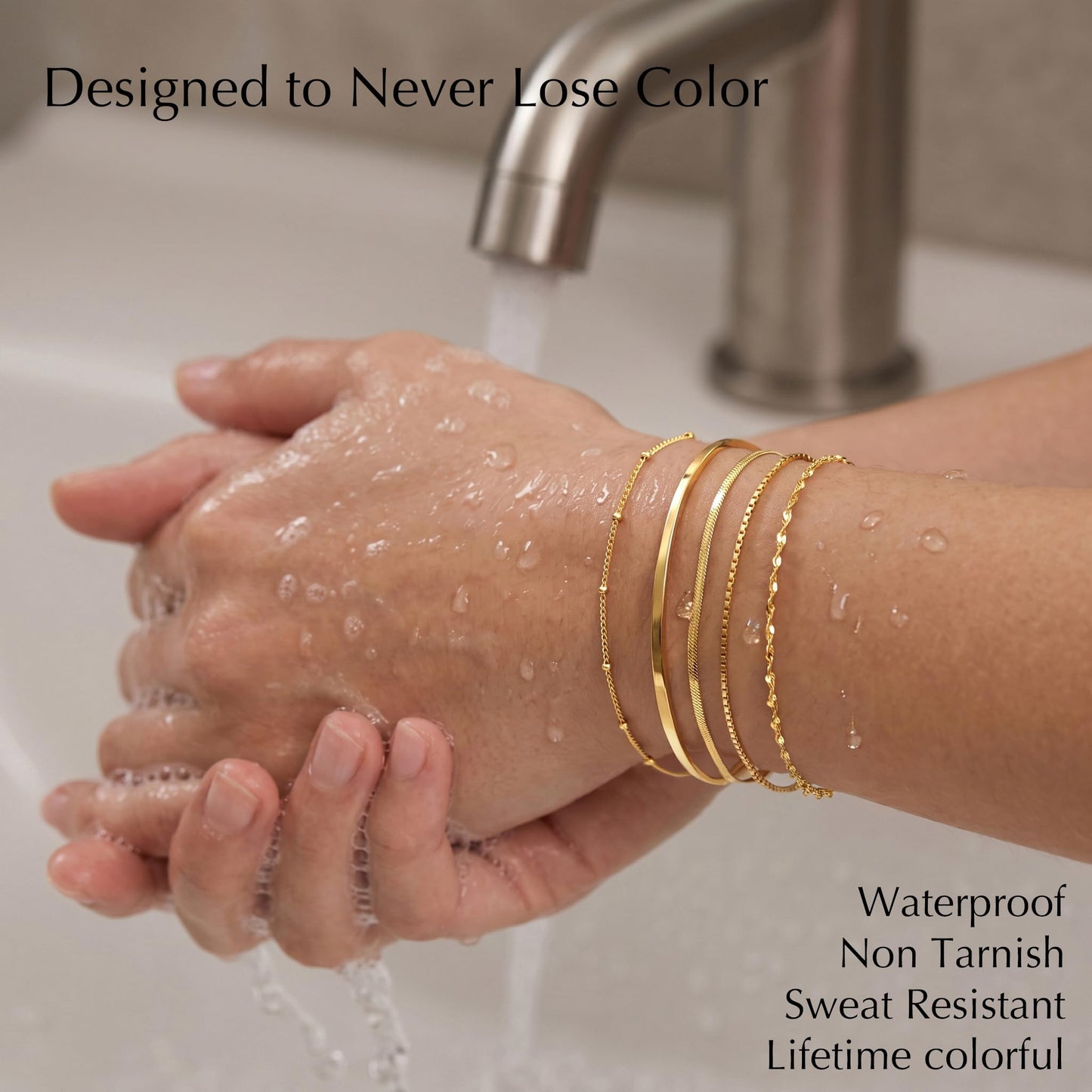 Dainty Gold Bracelets for Women, Minimalist 14K Gold Plated Stackable Thin Bracelet Set Box Link, Paperclip, Herringbone, Sparkling Chain, Bangle Cuff, Adjustable Simple Small Waterproof Jewelry Gifts for Women