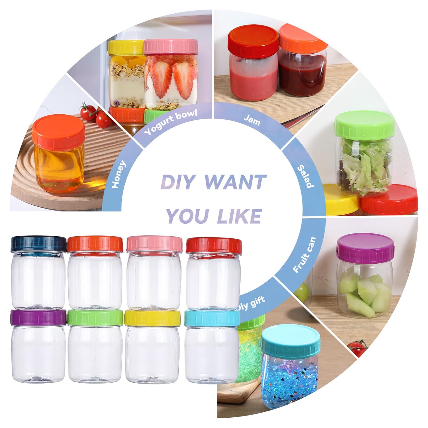 Novelinks 8 oz Plastic Mason Jars with Colorful Screw-On Lids – 16 Pack Clear Leakproof Storage Containers for Pantry, Crafts, Snacks, Spices – BPA-Free & Reusable
