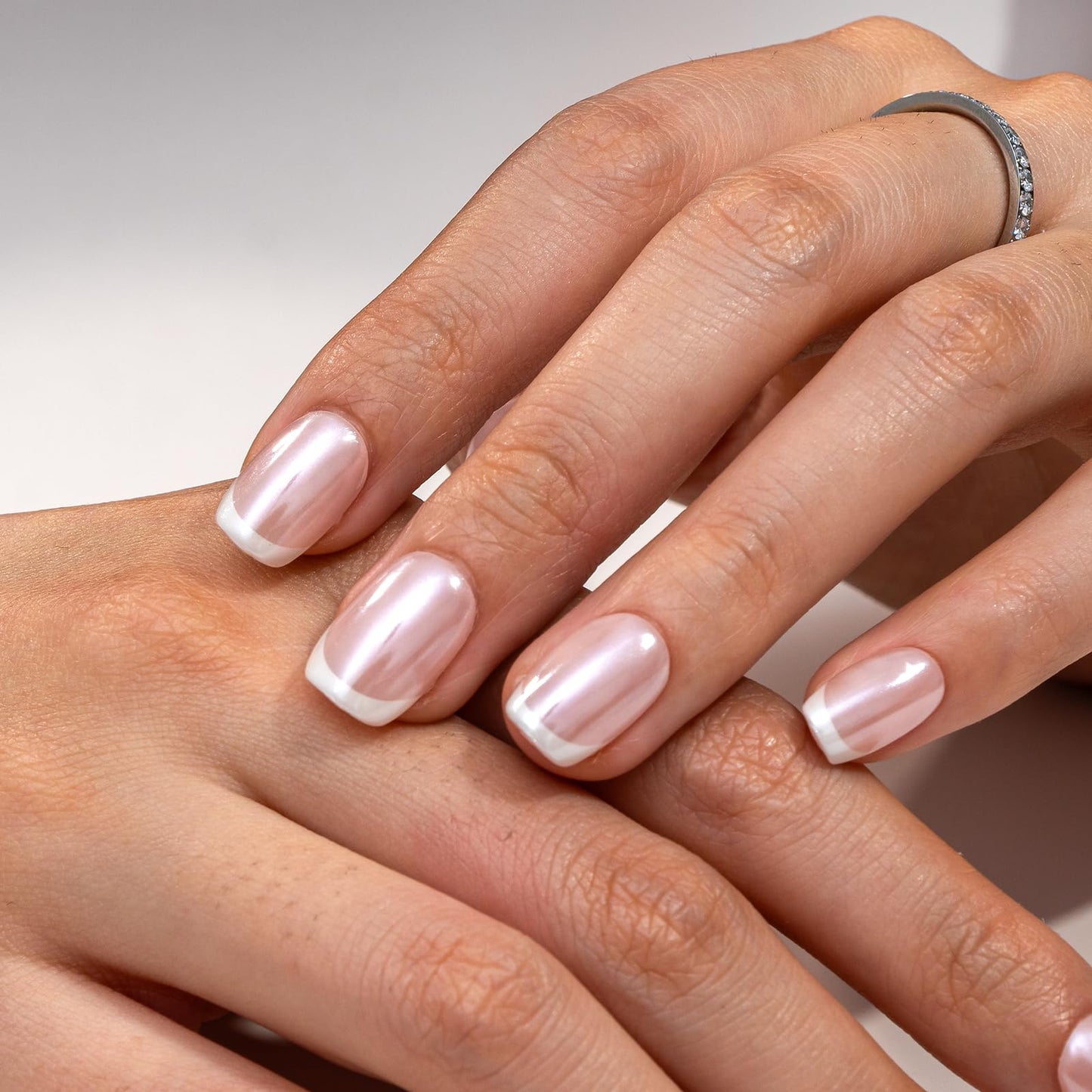 Curvlife Press On Nails Short Square White - Pearl French Tip Press on Nails with Glue, Glossy Nude White Pearl French Fake Nails Long Lasting False Nail Tips for Women