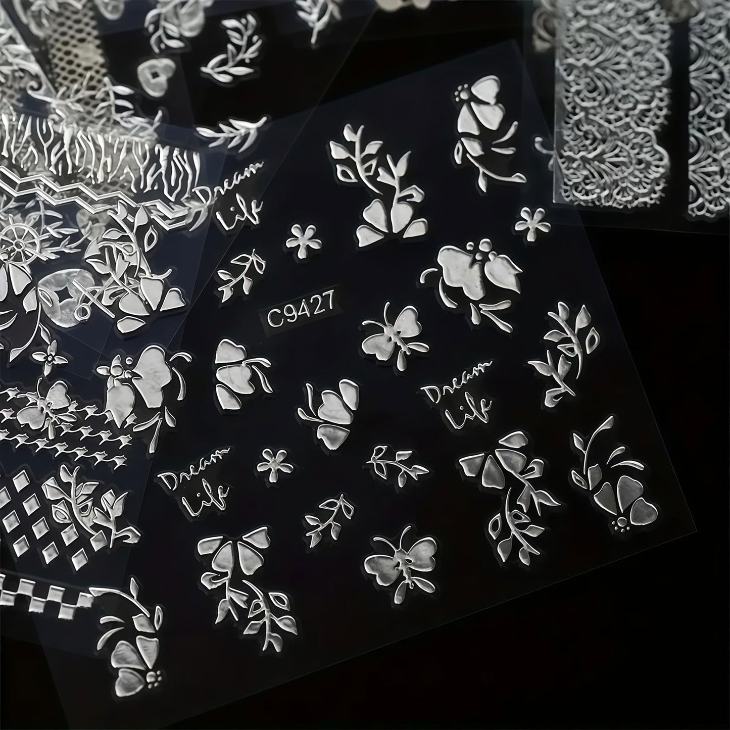 30 Sheets Silver Bohemian Nail Stickers, 3D Self Adhesive Retro Lace Leaf Cat Nail Decals Designs Decorations Accessories for Women Girls, Wedding Party Nails