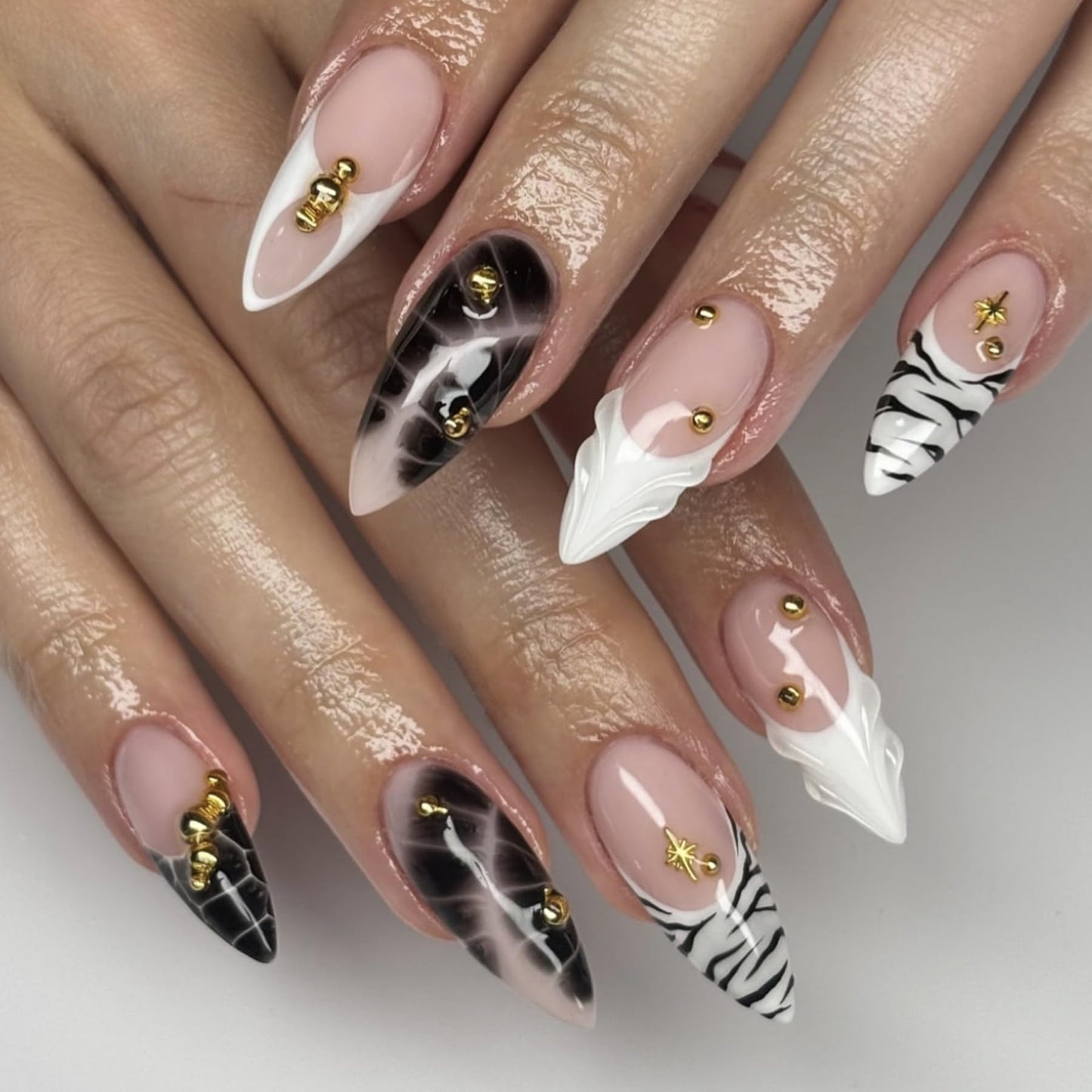 octoswave Press on Nails Medium Almond Fake Nails French Black and White Artificial Nail 3D Gold Rhinestones Stick on Nail for Women 24pcs