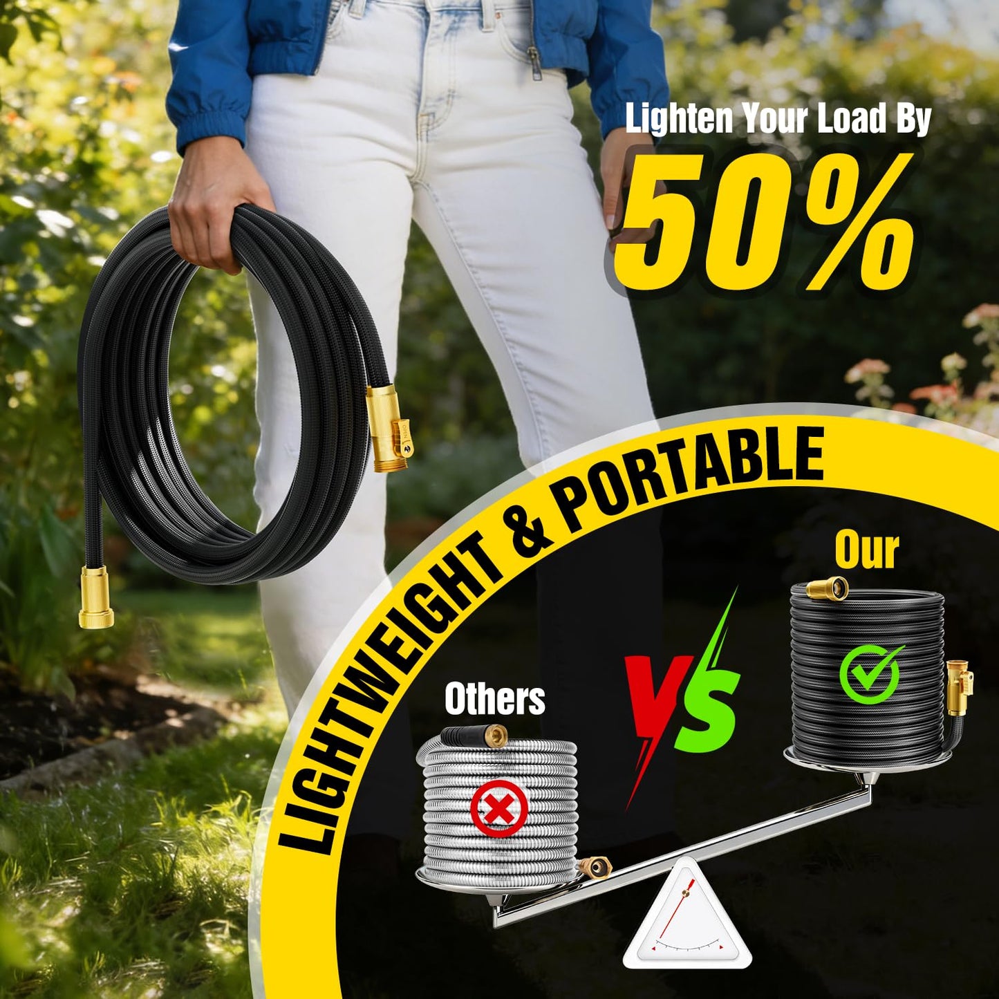 Garden Hose 100 ft Non-Expandable, Flexible Water Hose, Lightweight Hose with 10-Function Nozzle for Yard, Portable, Leak Proof, All-Weather Water Pipe for Outdoor, Car Wash, RV, Lawn