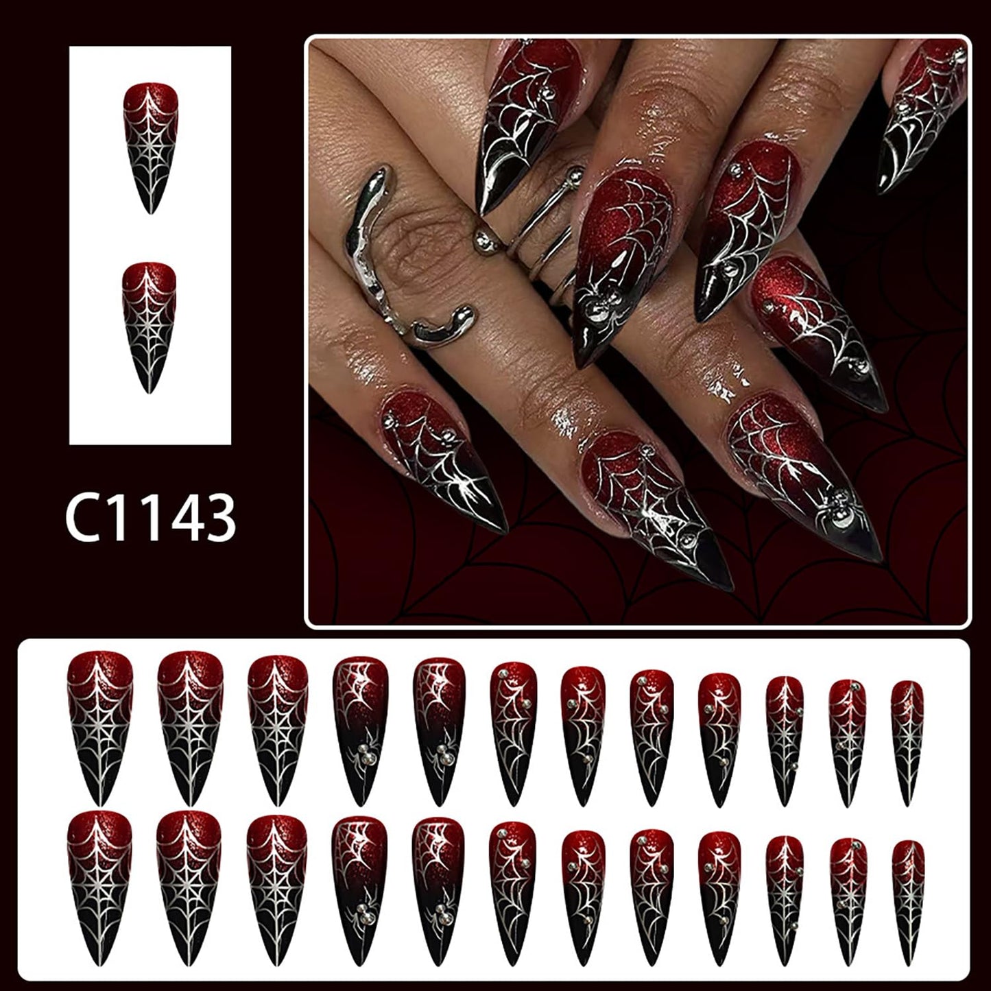 Spider Web Halloween Press on Nails Long Silver Steel Ball Spider Design Halloween Nail Full Cover Glossy Artificial Acrylic False Nail Wine Red Gradinet French Tip Long Stick on Nails for Women