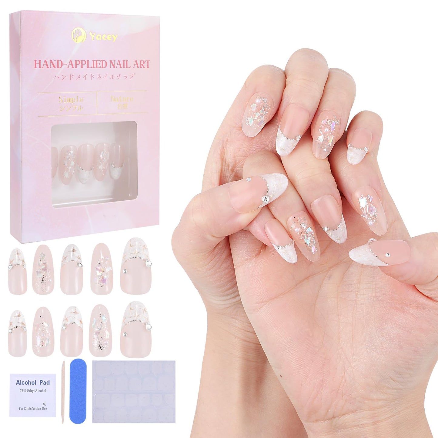 Yacey Handmade Press on Nails Short Almond, Reusable False Nails Press Ons, Shell Texture French Tip Thick Acrylic Fake Nails, 3D Artificial Bling Glossy Glue on Nails for Women Girls (10 Pcs, M)