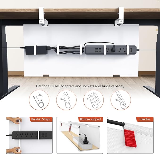 Univivi No Drill Under Desk Cable Management Tray, 36" Cord Organizer for Table, Clamp/Screw Mount Desk Cable Management, Premium Fabric Cable Management Tray for Office, Home