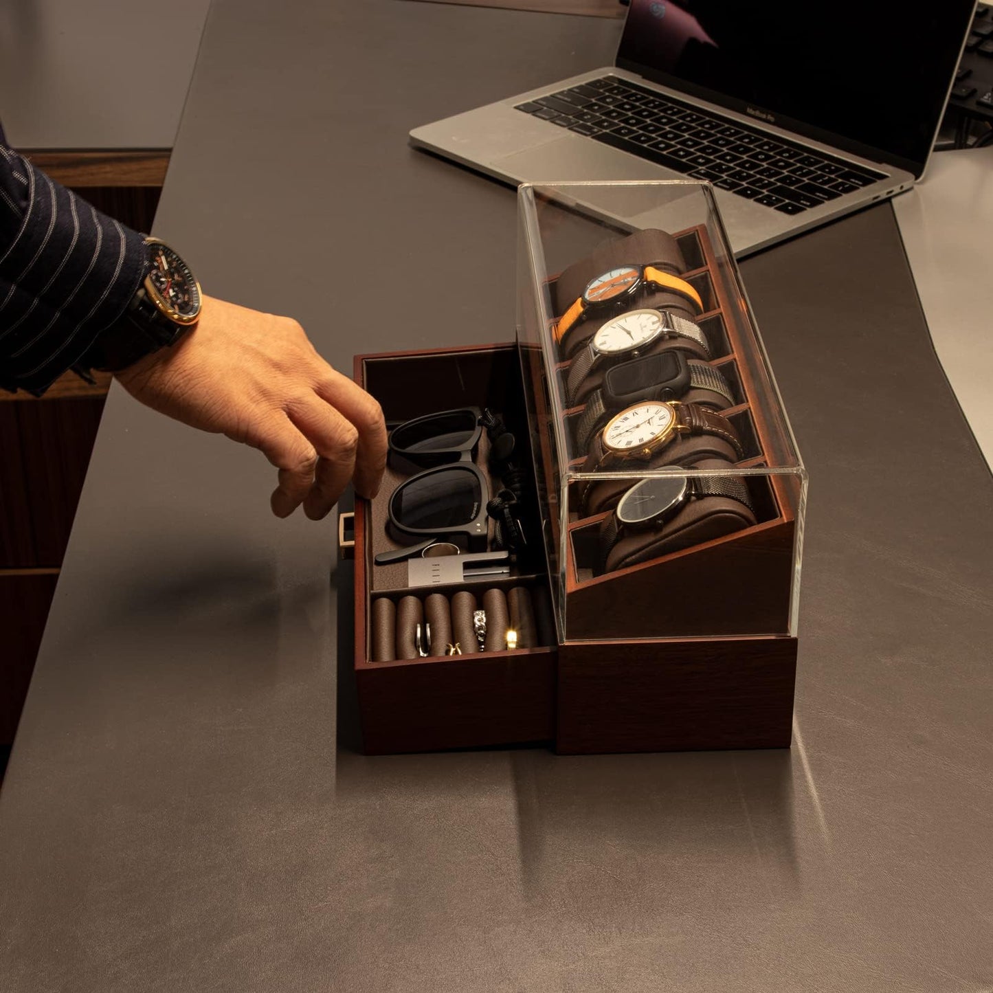 KAMIER High End Wooden Watch Box with 6 Slots & Glass Lid - 2-Layer Jewelry Organizer for Men - Watch Display Case, Ideal Business Gift for Watch Enthusiasts （with Gift Box）, Walnut