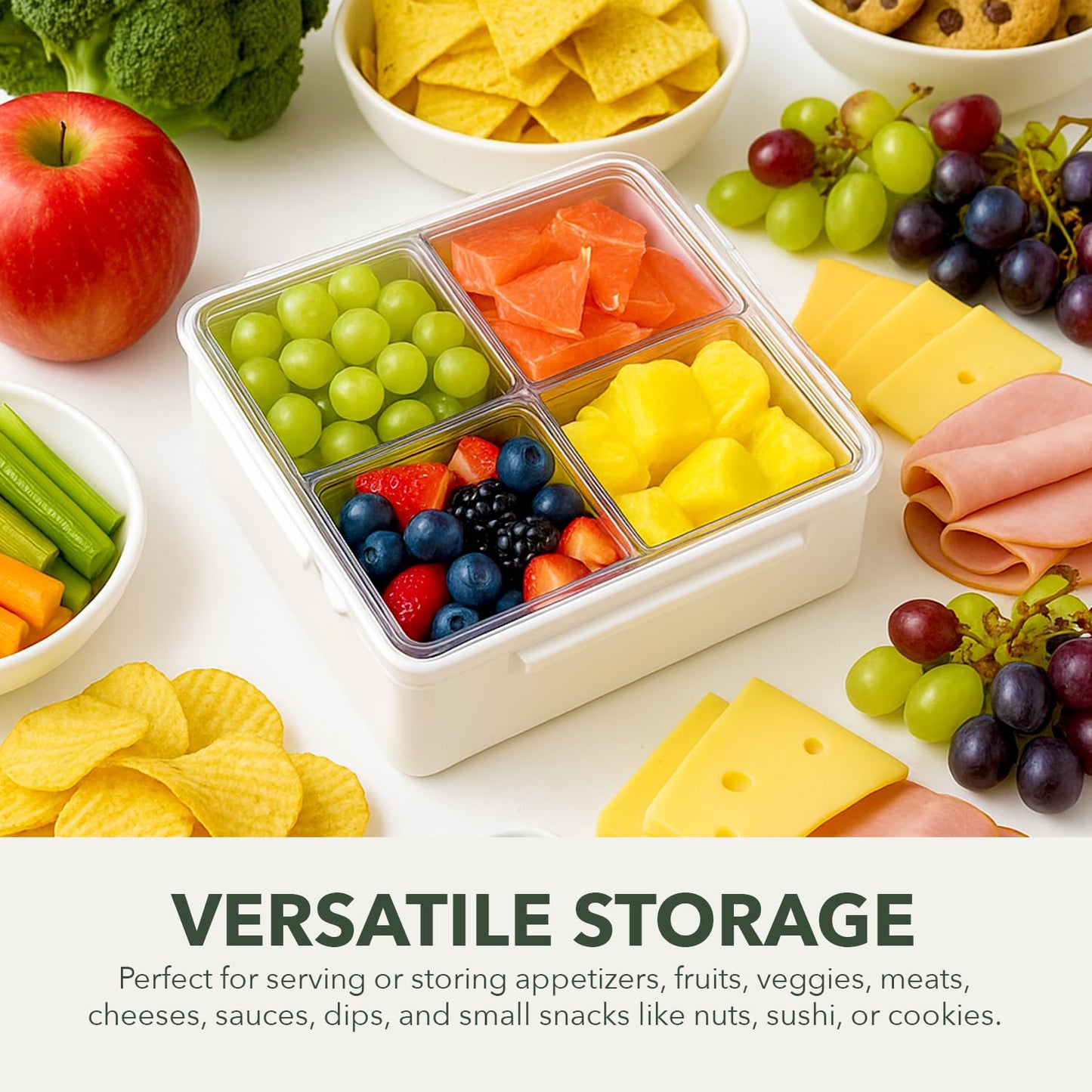 Lustroware Gourmet Palette Airtight 4-Compartment Square Serving Tray with Lid – Portable Snackle Platter & Charcuterie Organizer Box with Removable Dividers for Fruit, Vegetables, Snacks, Appetizers