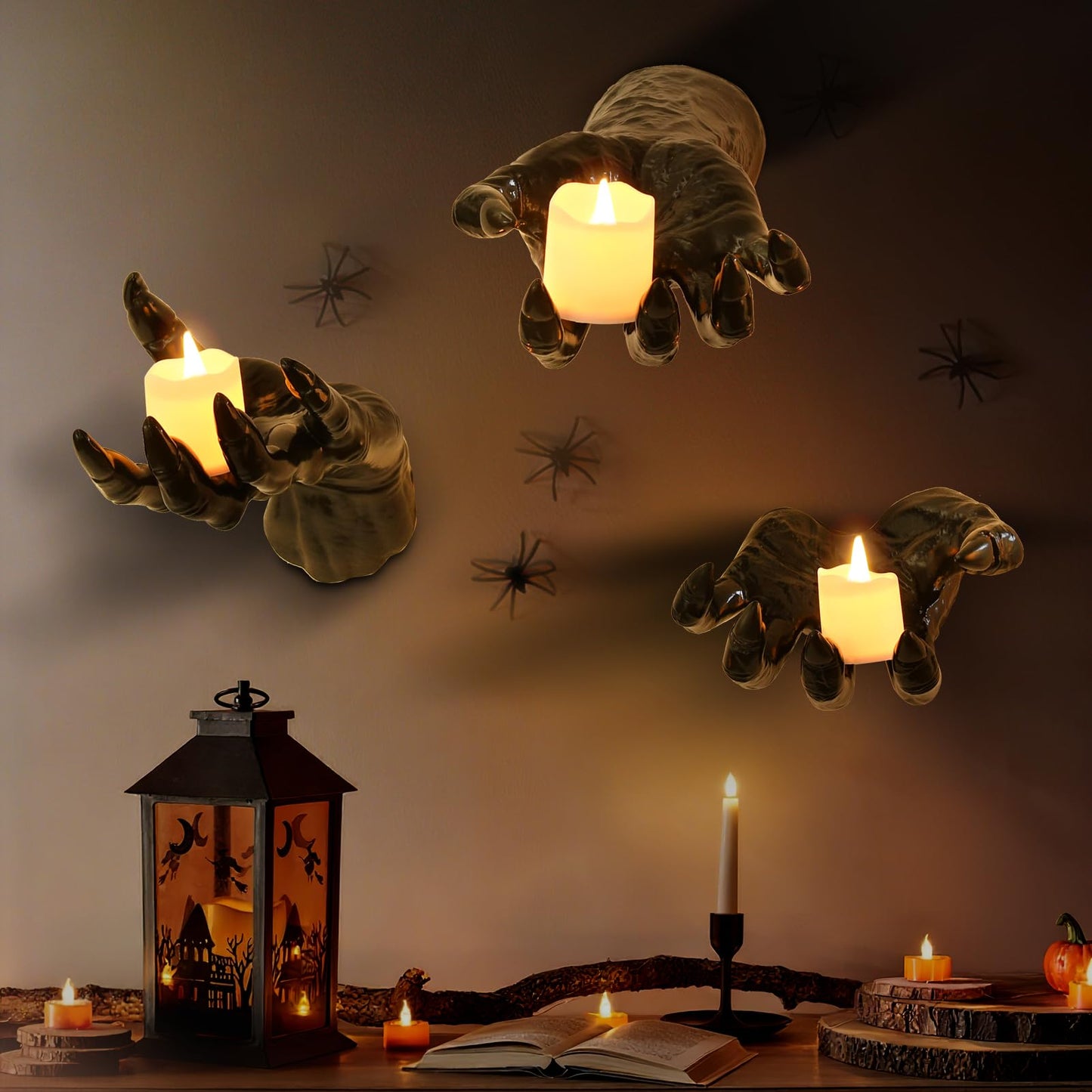 Halloween Decorations Indoor Gothic Decor: Pack of 3 Wall Mounted Creepy Reaching Hands with Lighted Candles for Gothic Wall Decorations