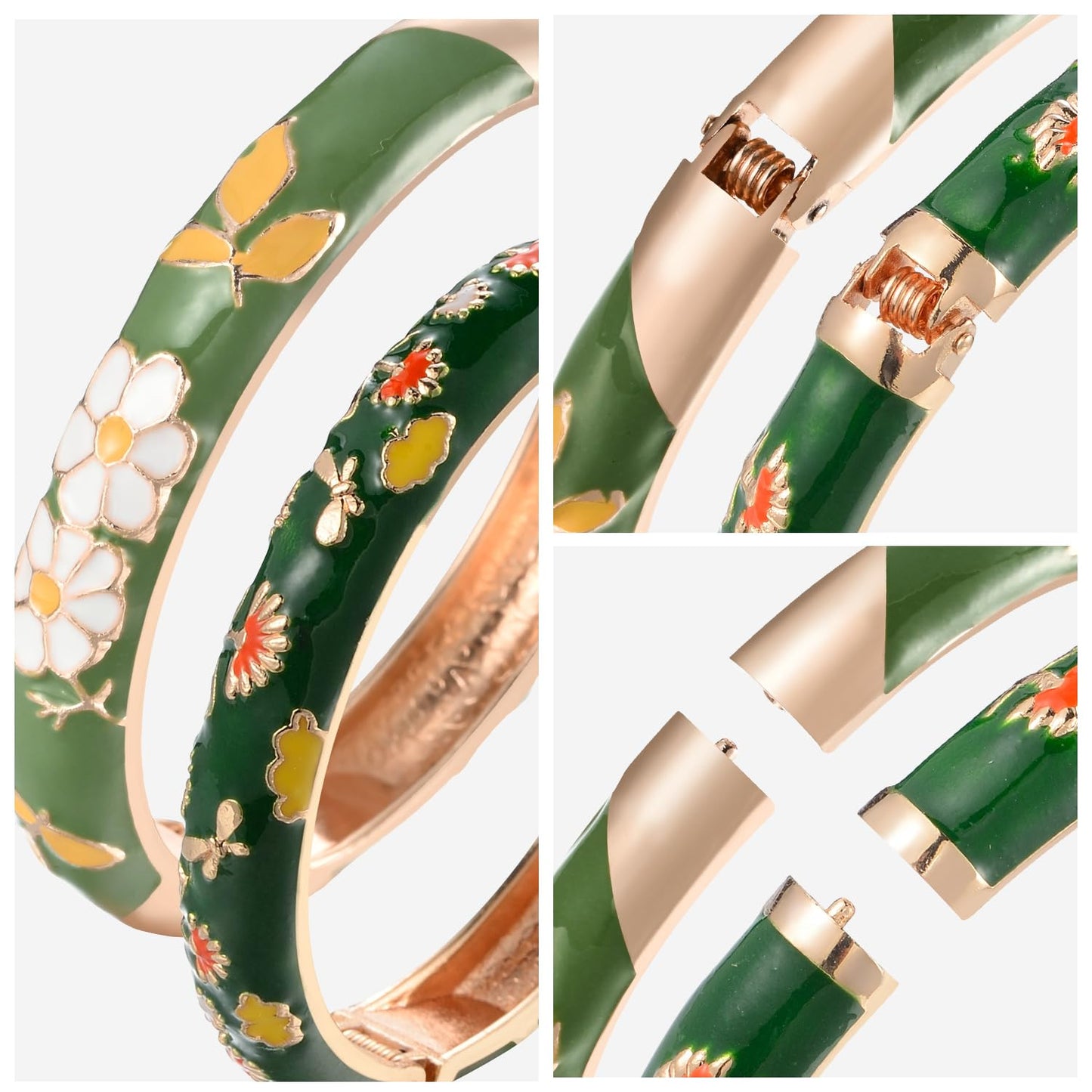 UJOY Gorgeous Bracelets Enameled Floral Cloisonne Gift Plated Cuff Bangles Jewelry Sets Box for Women 55A18-55A42 Green