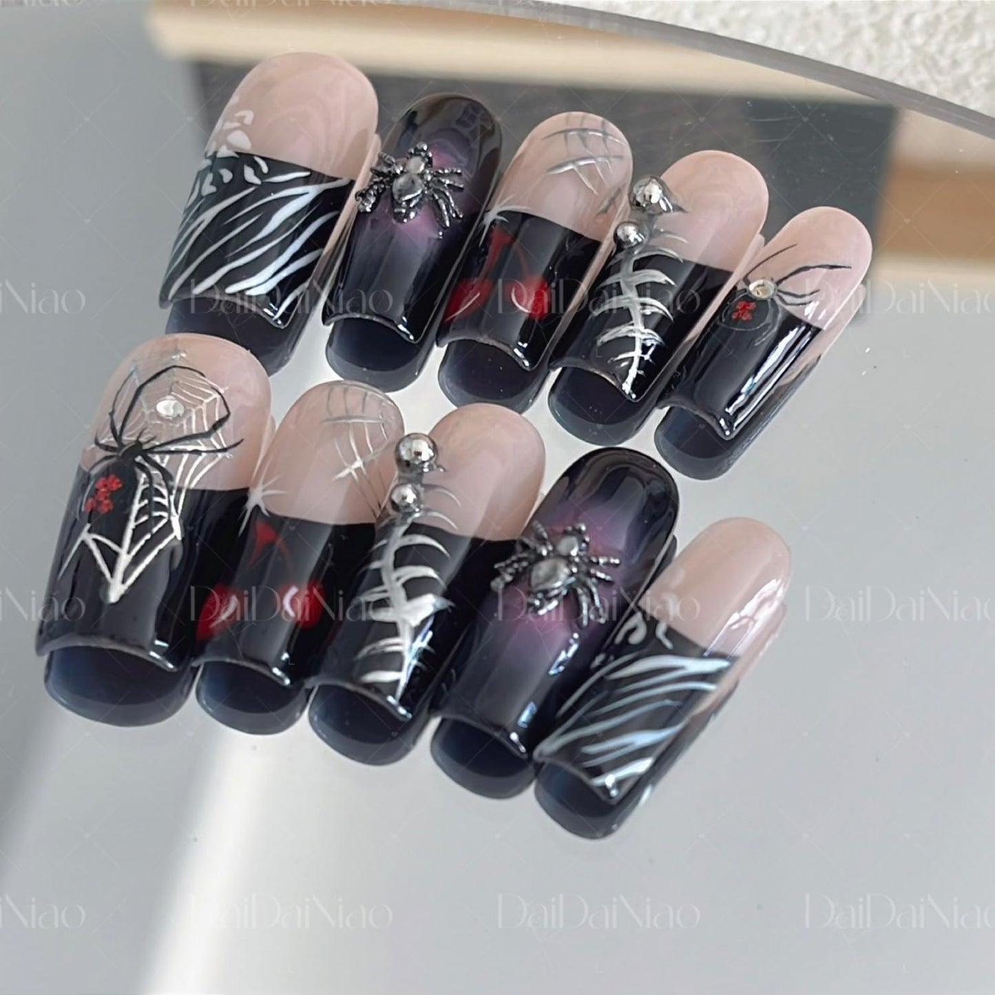 Halloween Handmade Press on Nails Long Square False Nails 3D Spider Designs Full Cover Thick Black French Tip Acrylic Fake Nail Halloween Silver Spider Web Stick on Nail for Women（Size M)