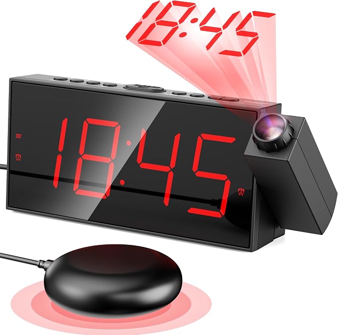 Mesqool Projection Alarm Clock with Loud Bed Shaker, Dual Alarms | 5-level Dimmer, USB charger, Snooze & DST, Loud Vibrating Alarm with Battery Backup, Perfect for Heavy Sleepers