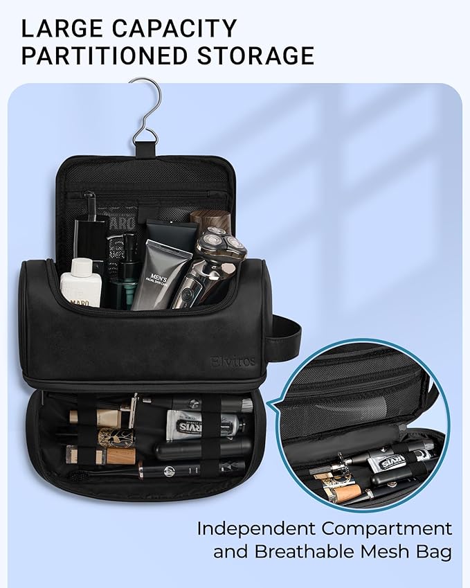 Elviros Toiletry Bag for Mens PU Leather Travel Organizer Kit with Hanging hook, Large Water-resistant Toiletries Bathroom Shaving Bags (Black)