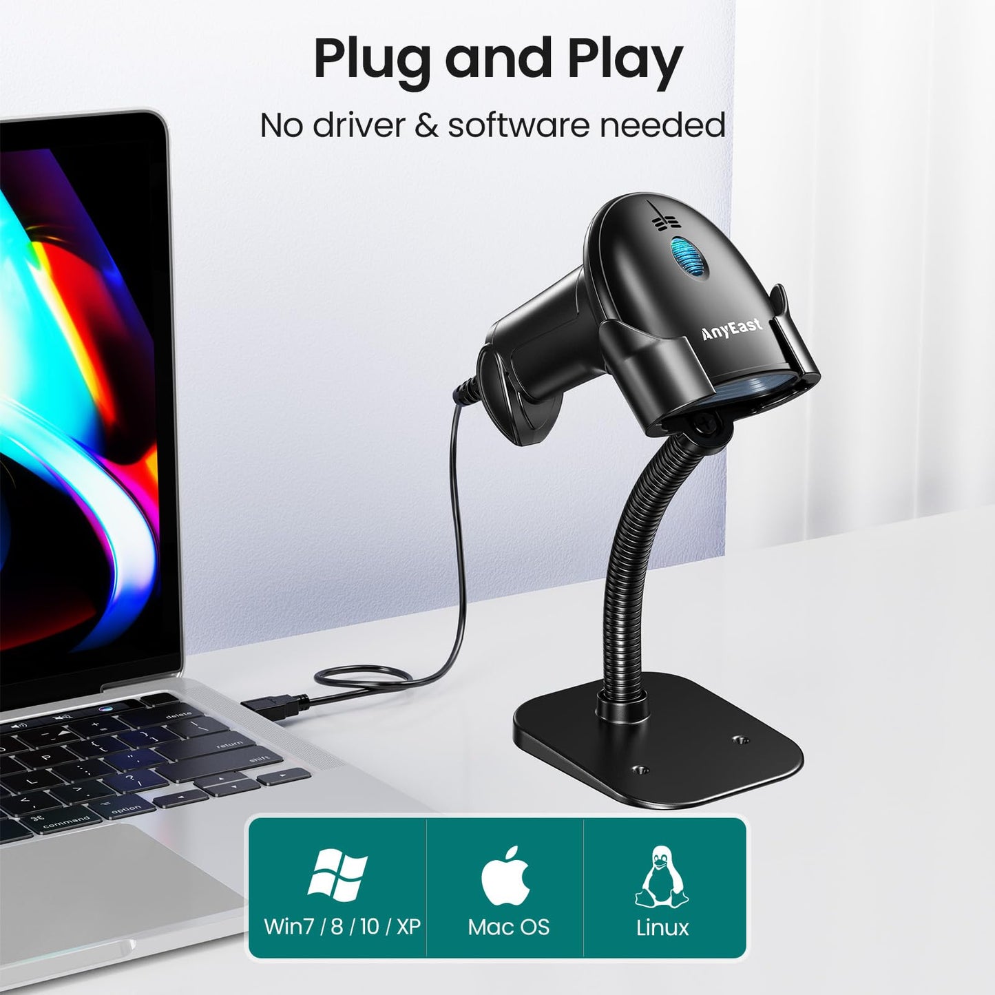 2D 1D Barcode Scanner : USB Wired Inventory QR Scanner with Stand for Computer POS MAC with Automatic Scanning, Handheld CMOS Image Bar Code Reader for Warehouse Library Supermarket