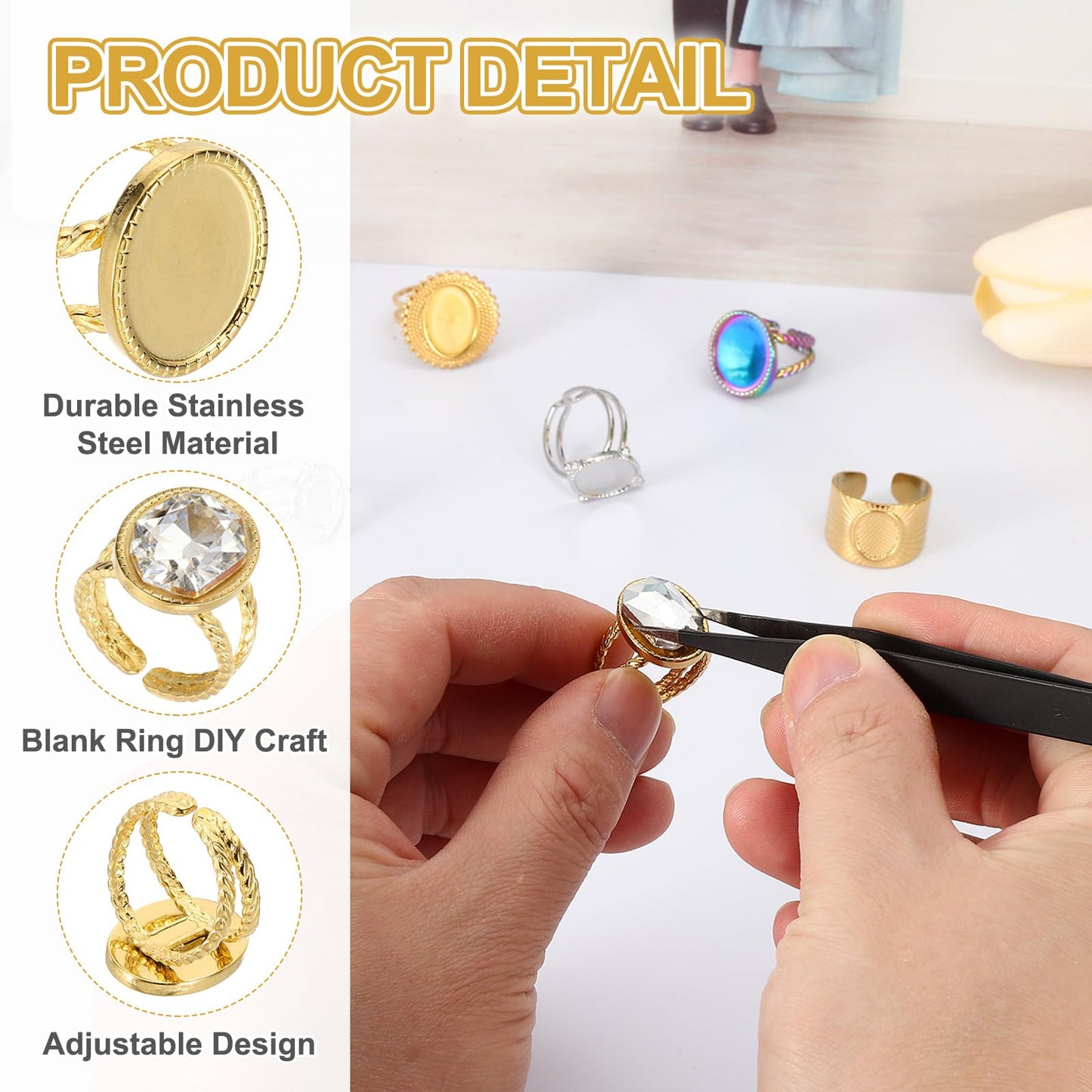 MECCANIXITY 4Pcs Stainless Steel Ring Base Blank, 16x12mm Adjustable Pad Cabochon Ring Blank Base Flat Bezel Tray for Jewelry Making Finding DIY, Rainbow