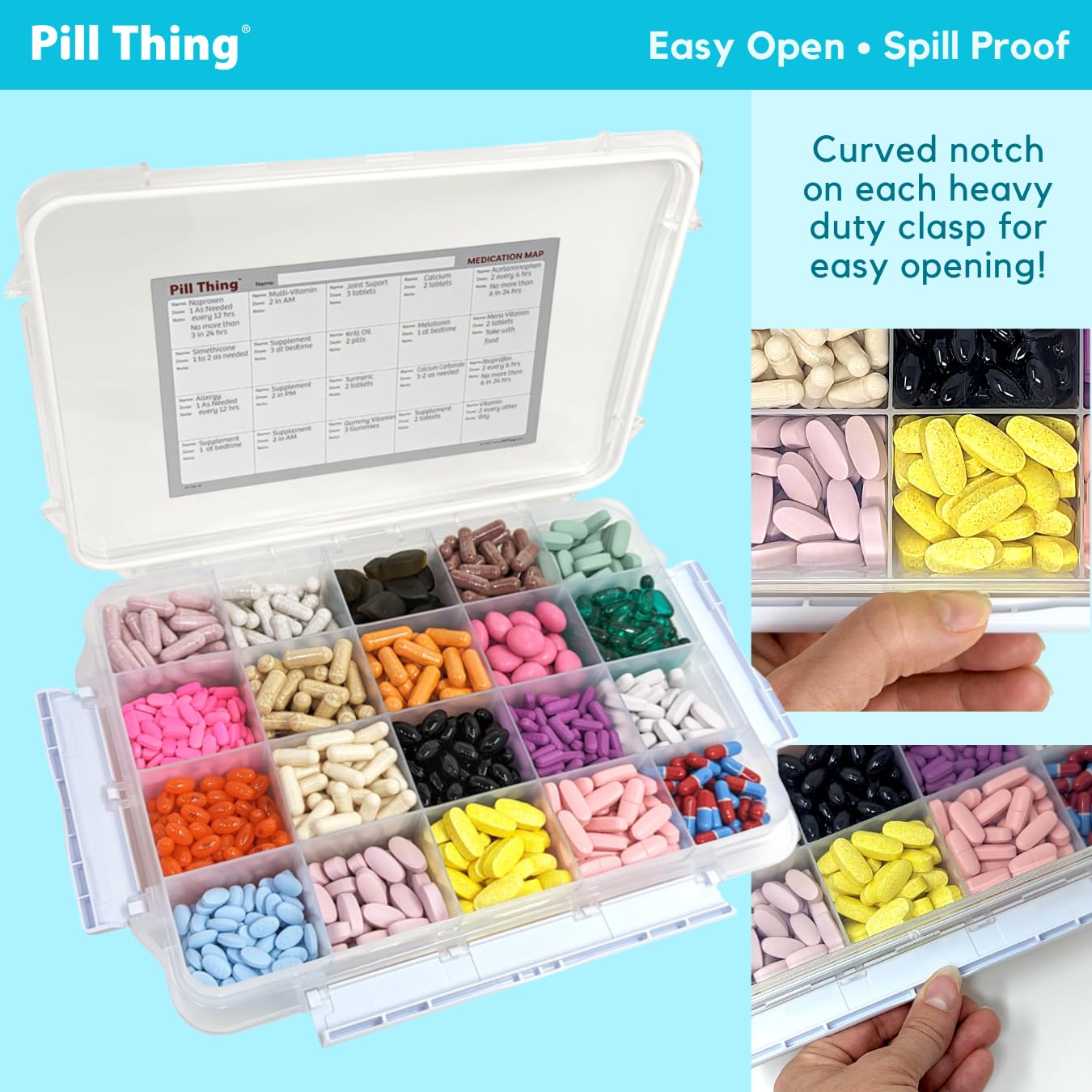 20 Compartment Large Pill Case with Airtight Seal - Silicone Gasket Waterproof Med Box with Medication Map (Clear, 1 Pack)