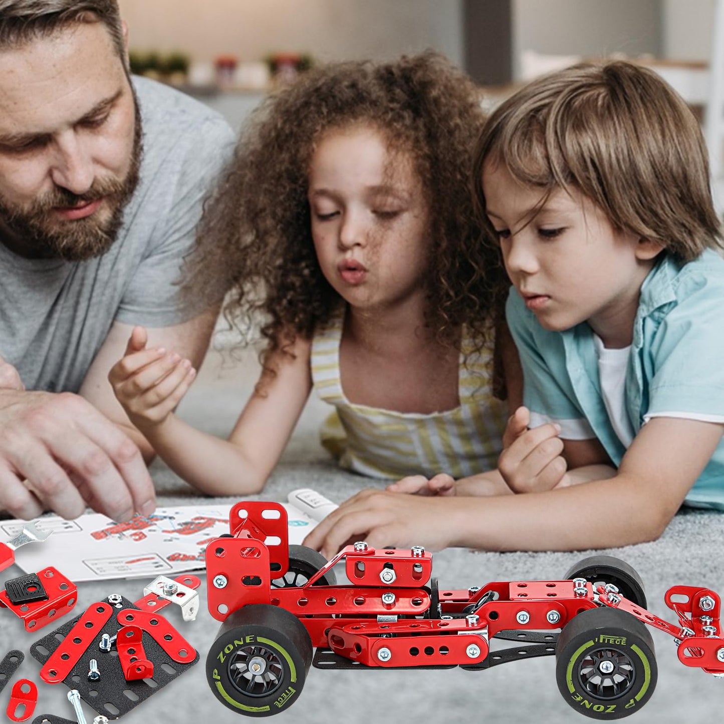 BESTYMXY Building Kit Car Model, 1:20 Scale Race Car Metal Model STEM Project Building, Assembly Toy Set STEM Projects Toys for Boys 8-12, Red Vehicle DIY Assembly Metal Model