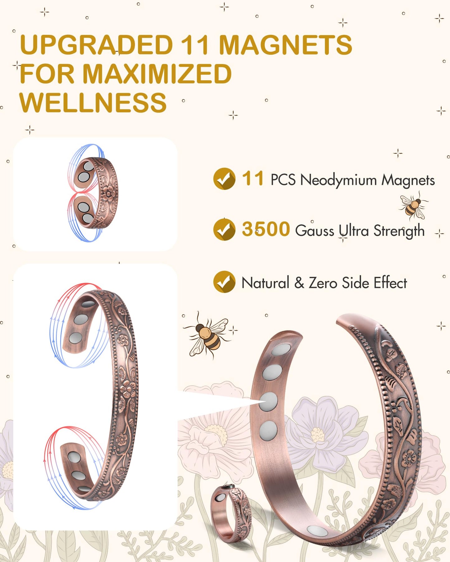 Feraco Copper Bracelet & Lymphatic Drainage Rings for Women, Vintage Flower Magnetic Cuff Bangle, 99.99% Pure Copper with Neodymium Magnets, Adjustable with Gift Box