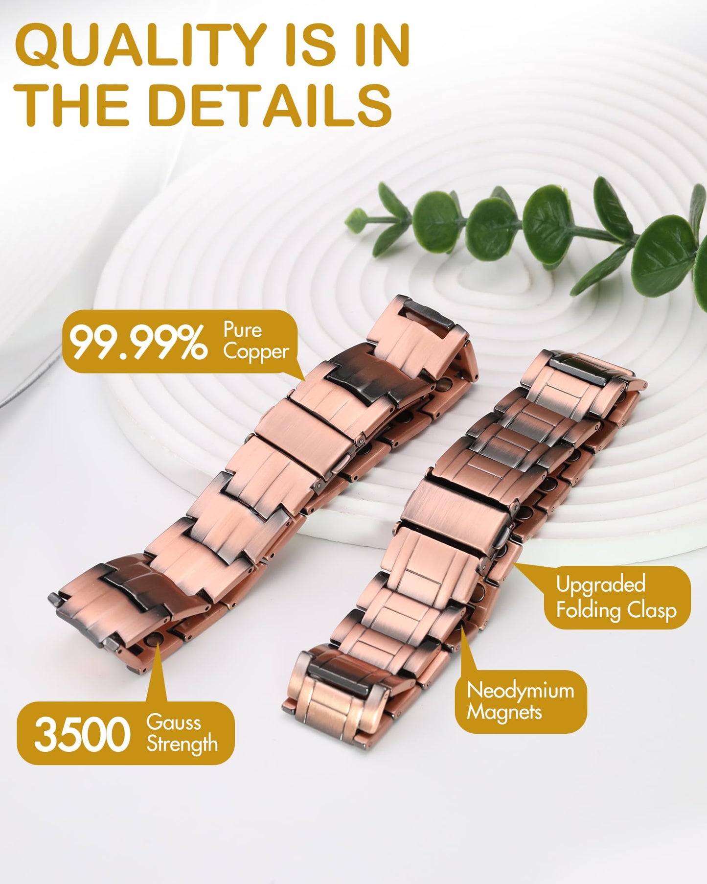 Feraco Copper Bracelet for Men, 3X Ultra Strength Magnetic Bracelets, 99.99% Pure Copper with 3800 Gauss Neodymium Magnets & Folding Clasp, Adjustable with Gift Box