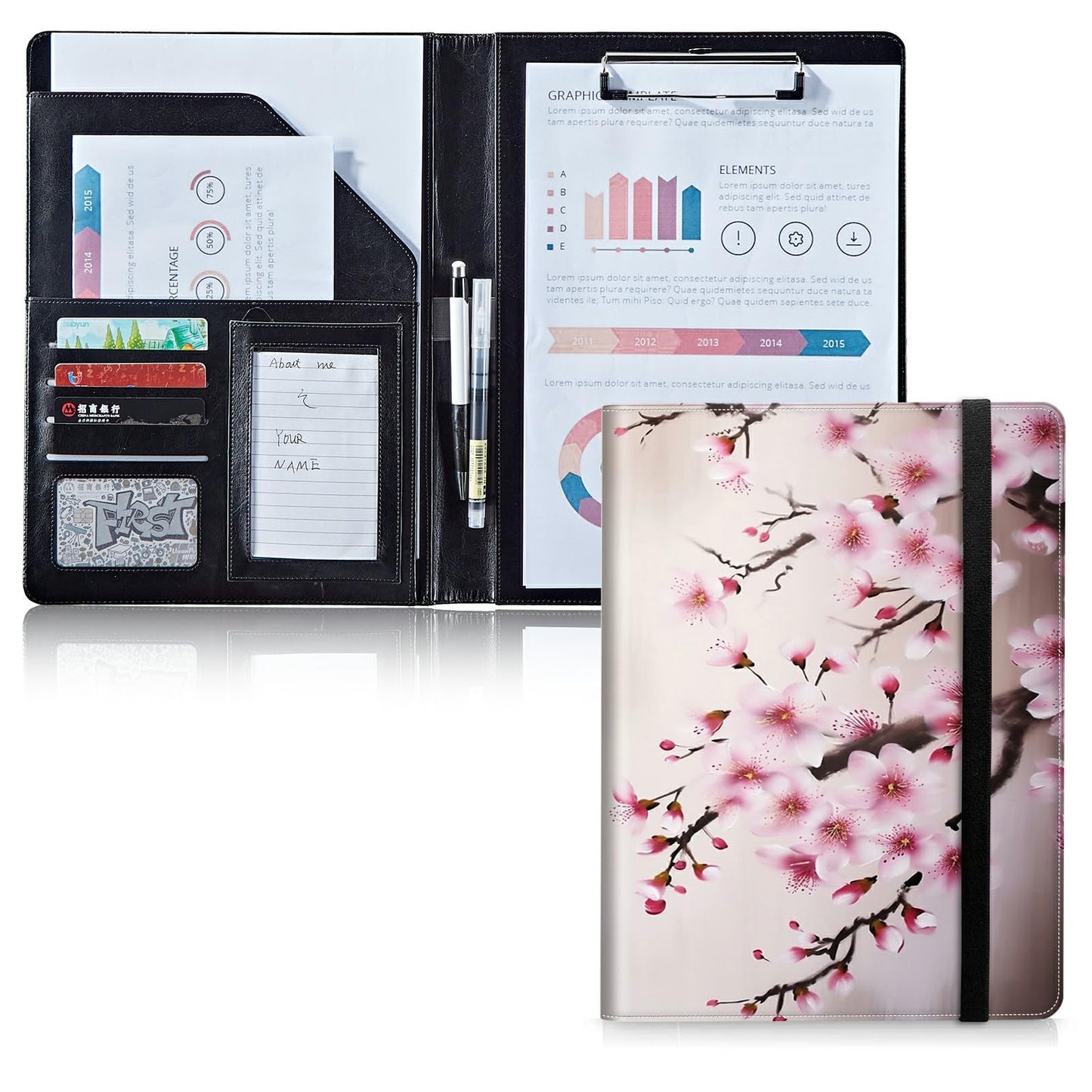 DIGTIALL Padfolio Folder with Clipboard,Portfolios Organizer Clipboards with Storage Clipboard Writing Pad PU Leather Conference Document Organizer with Business Card Holder,Cherry Blossom