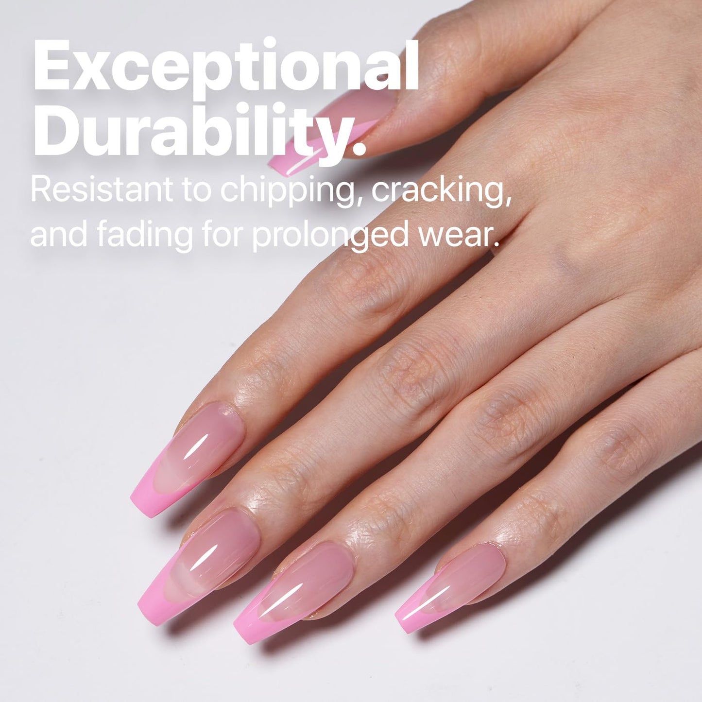SXC Cosmetics French Tip Press On Nails 150 Pieces in 15 Sizes Ultra Fit with Pre-applied Tip Primer and Base Coat, No Need to File Fake Nails for Nail Art DIY X-Pro Tips (5PINK120-M Coffin)