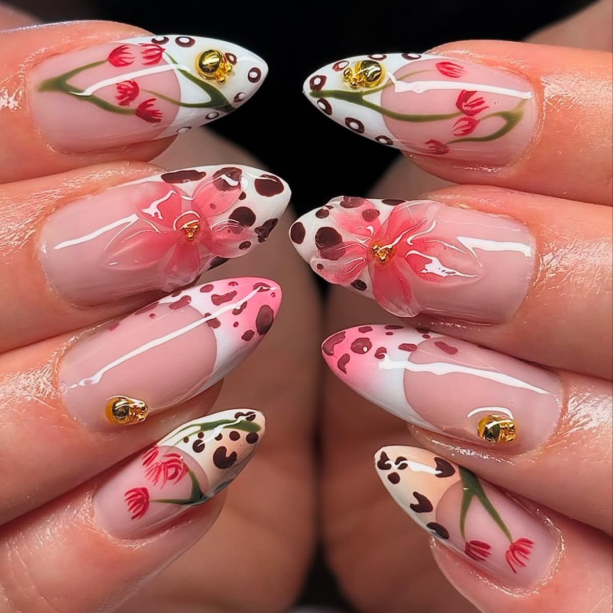 Almond Press on Nails, Medium French Tip Fake Nails with Leopard Print & 3D Flower Design, Pink Ombre False Nails with Gold Bead Decor, Reusable Glue on Nails for Women Summer Manicure, 24Pcs