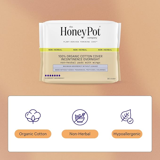 The Honey Pot Company – Incontinence Pads for Women - 64ct- Non-Herbal Overnight - Bladder Leak Control - Organic Cotton Cover & Ultra-Absorbent Pulp Core - FSA & HSA Eligible