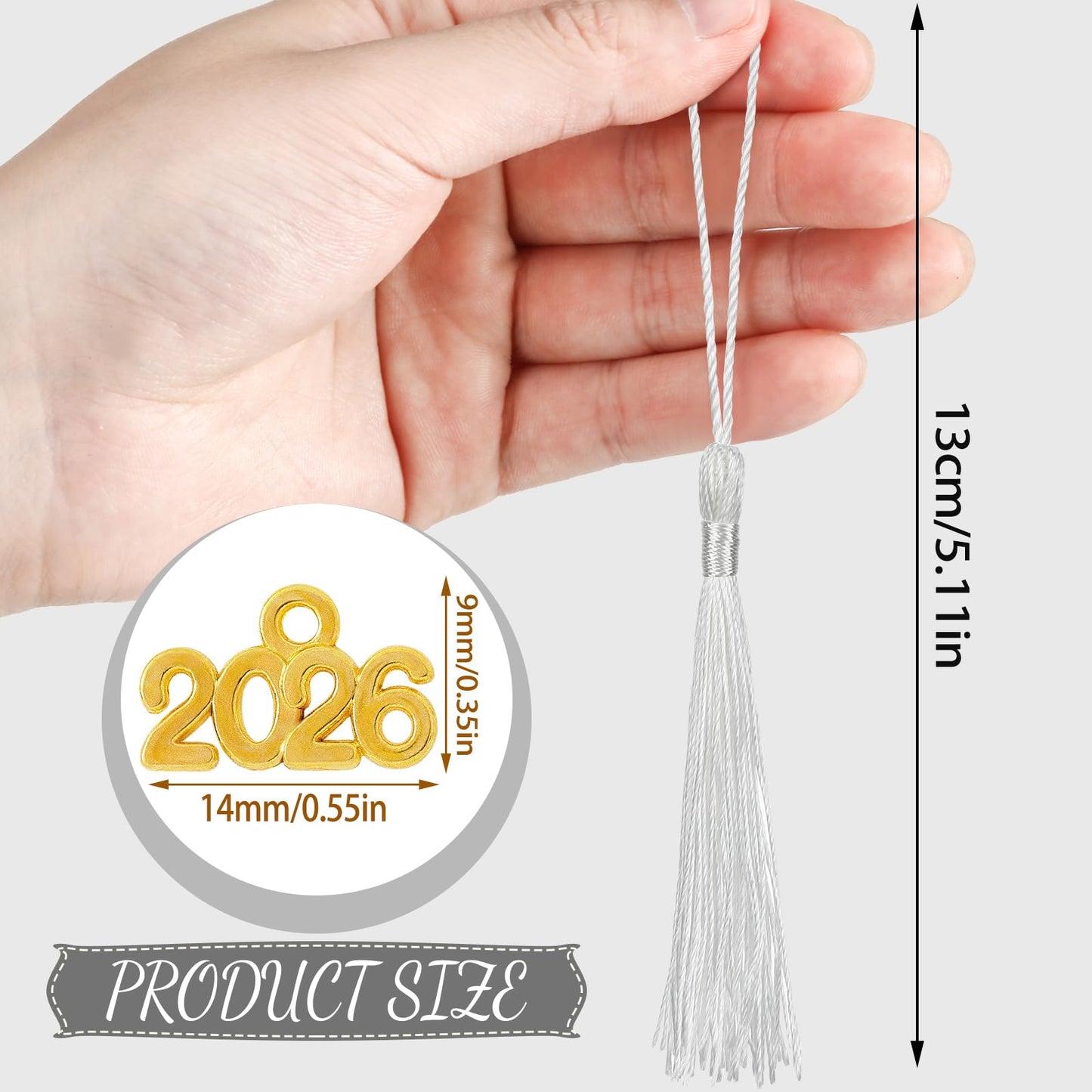 Cindeer 100 Pcs Mini Graduation Tassels with 100 Pcs 2026 Tassel Charms for Crafts Mini Silky Bookmark for Graduation Cap Keychain Ornaments DIY Craft Jewelry Making Project(White)