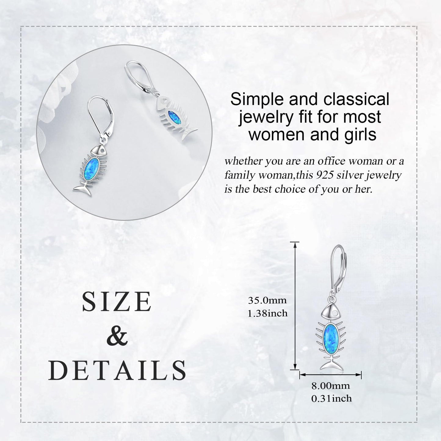 Fish Bone Dangle Earrings Sterling Silver Blue Opal Fishbone Skeleton Drop Earrings Jewelry Gift for Women