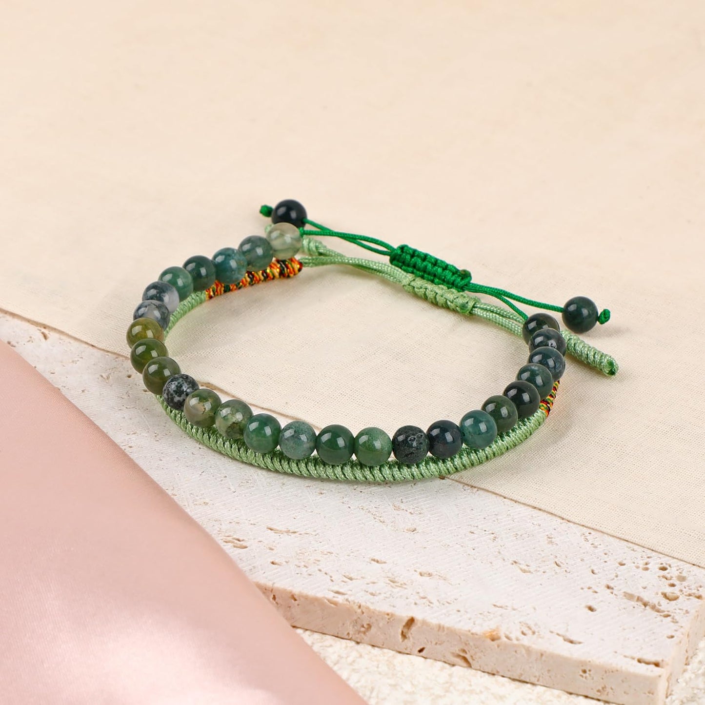 LPBeads 6mm Moss Agate Bracelet with Handmade Rope Bracelet Size Adjustable Natural Stone Crystal Healing Bracelets Gifts for Unisex Adults