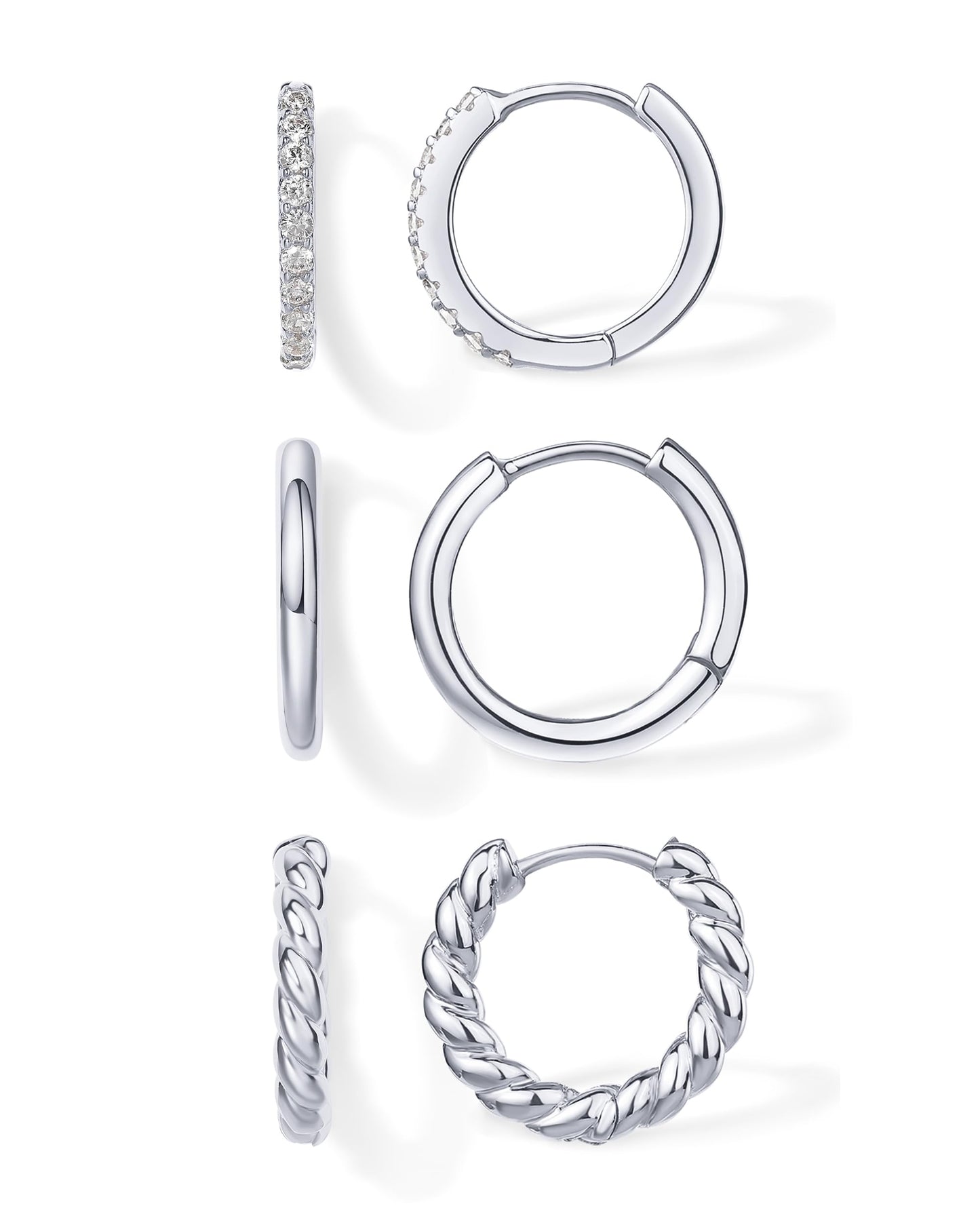 PAVOI Rhodium Plated 925 Sterling Silver Posts 3 Pairs Small Hoop Earrings for Women - Cubic Zirconia Plain Rope Huggie Pack - Lightweight Set