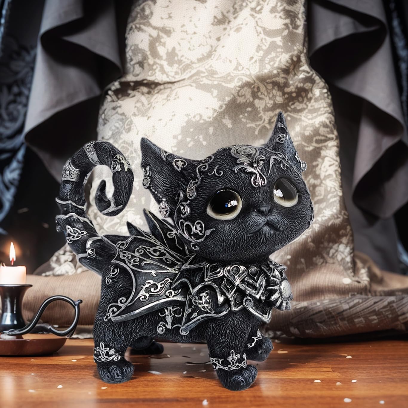SACOJUCHY Mystical Black Cat Statue Elegant Silver Accented Kitten Sculpture Intricate Gothic Home Decor Enchanting Figurine for Cat Lovers, Witchy Aesthetic, & Unique Gifts