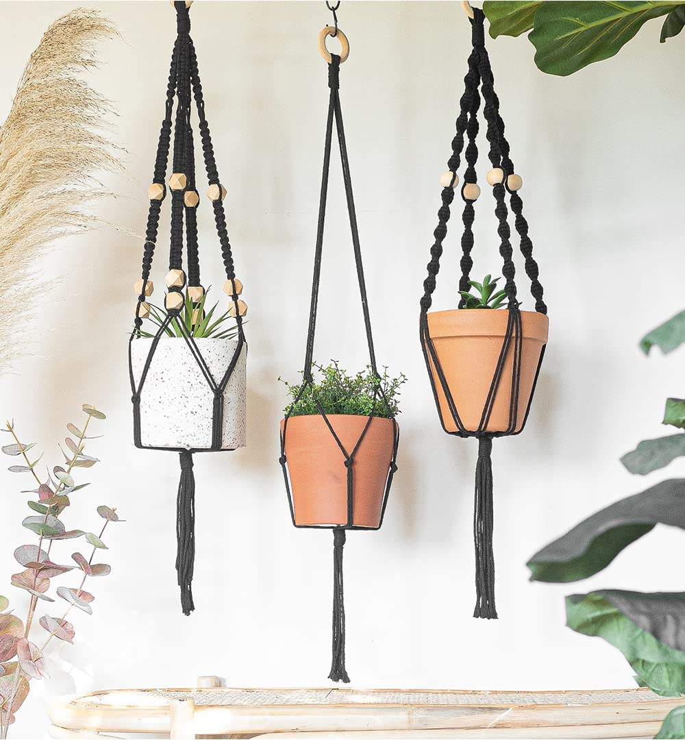 Macrame Kit-Black Edition-Makes 3 Macrame Plant Hangers with Easy to Follow Instructions for Adult Beginners - Includes 109 Yards 3mm Cotton Macrame Cord, Wooden Beads & Custom Instruction Booklet