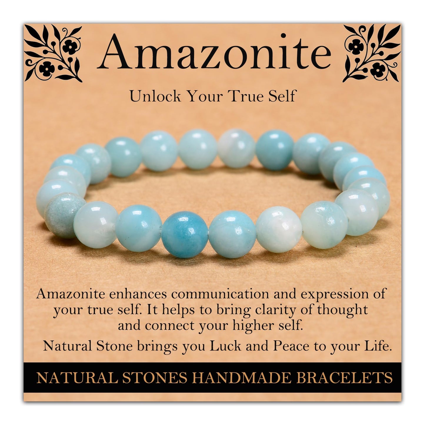 Handmade Natural Gemstone Elastic Bracelet - Healing Crystal Beads Jewelry, Unisex (Amazonite, 8mm)